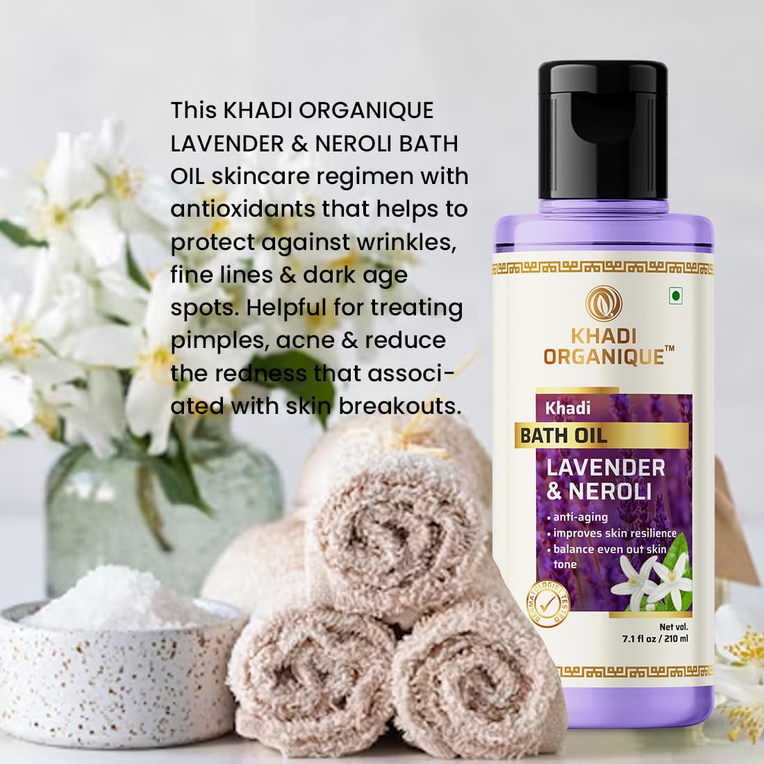 Khadi Organique Lavender & Neroli Bath Oil - 210ml | Natural Aromatherapy Relaxation Oil for Stress Relief & Sleep | Perfect for Spa Nights, Self-Care Rituals & Gift Giving