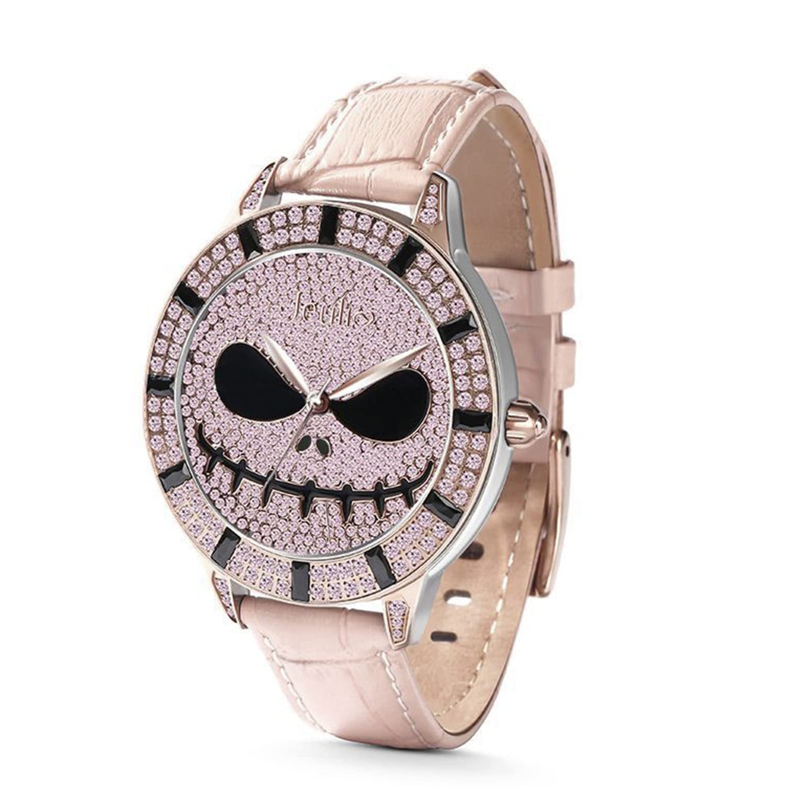 Jeulia Genuine Diamond Skull Watch - Slim Black Leather Strap, Stainless Steel Case, Quartz Movement, Tempered Glass - Unisex Sports & Business Watch for Men & Women - Perfect for Casual Wear, Office & Special Occasions