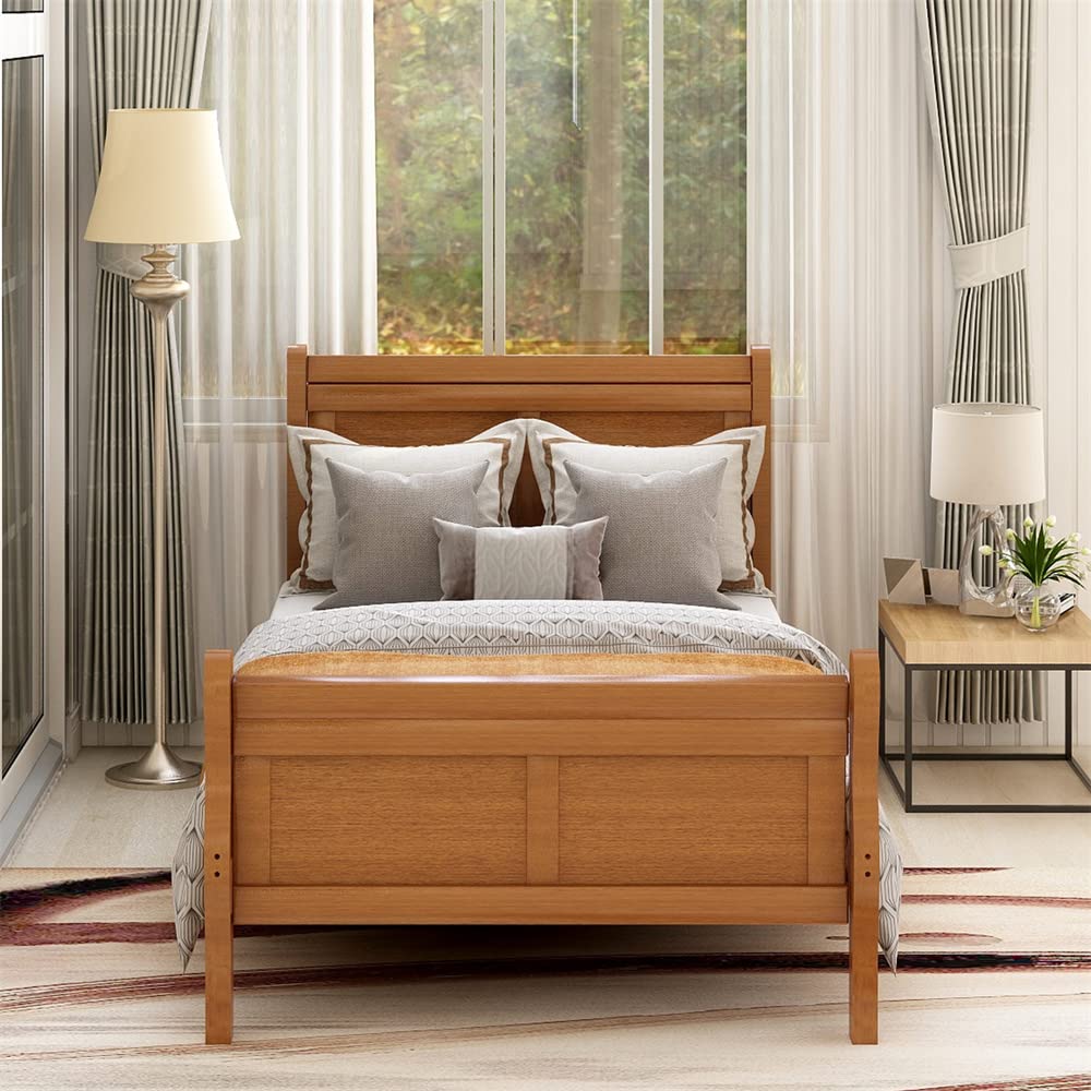 Twin Size Solid Wood Platform Bed Frame with Headboard & Footboard - Sturdy Slat Support, Under Bed Storage - No Box Spring Needed - Oak Finish - Perfect for Small Bedrooms, Guest Rooms & Apartments