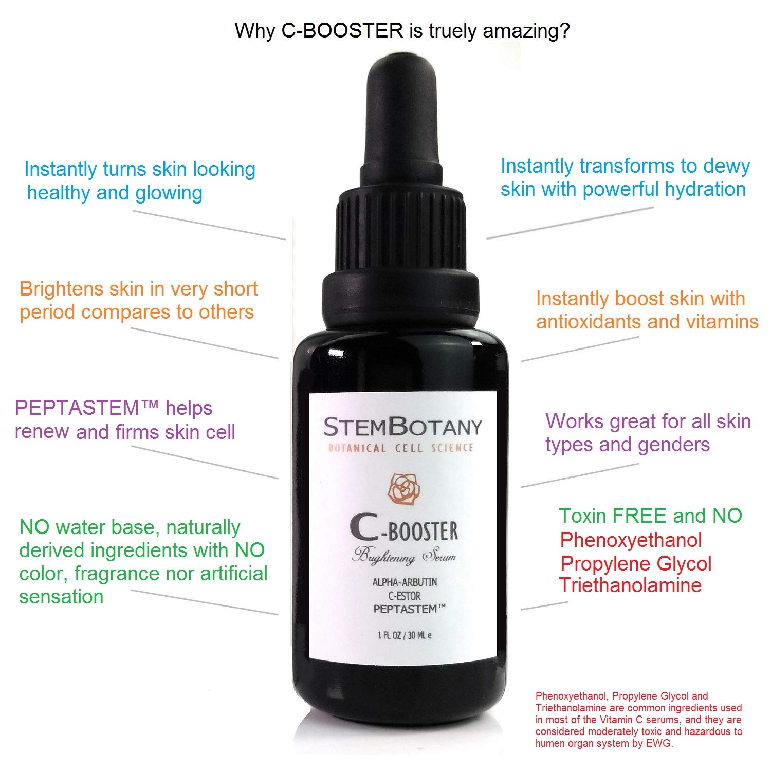 Stem Cell Vitamin C-Booster 30% Serum with C+E Ferulic Acid, C-Ester, Hyaluronic Acid & Alpha-Arbutin | Patent Pending PEPTASTEM™ (Peptides 1,5,7,8 & Orange Stem Cells) | 70% Organic Anti-Aging Face Serum for Brightening, Wrinkles & Dark Spots | Day & Night Skincare Routine