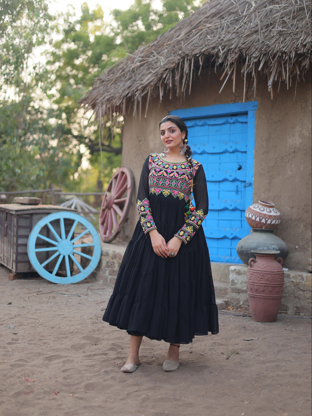 Premium Black Faux Blooming Gown with Embroidery for Navratri Festival - Perfect for Traditional Celebrations, Weddings & Cultural Events