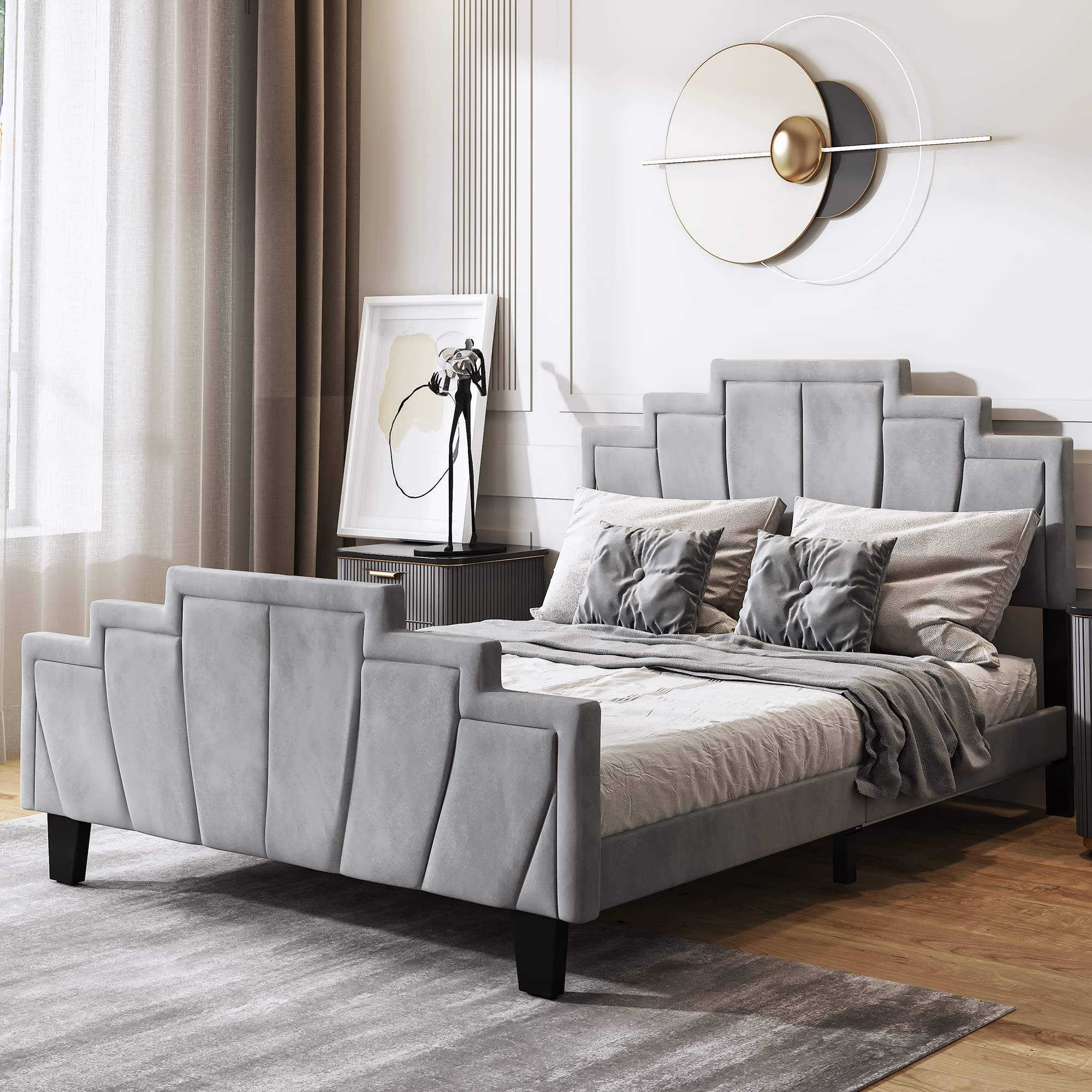 YITAHOME Upholstered Bed Frame - Full Size Platform Bed with Modern Wingback Design, Adjustable Headboard & Sturdy Wood Slats Support | No Box Spring Needed | Gray | Perfect for Modern Bedrooms, Guest Rooms & Studio Apartments