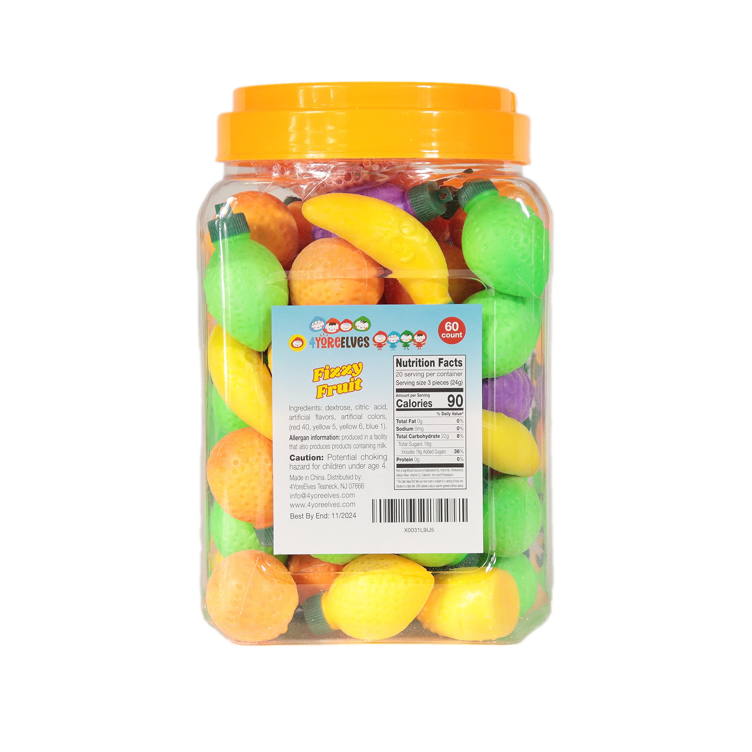 60 Pcs Fruit Shaped Fizzy Candy Powder - Retro 90s Sour Sweets with Hanging Hole Caps for DIY Decorations, Gluten Free & Nut Free Party Favors by 4YoreElves - Perfect for Birthday Parties, Classroom Rewards & Nostalgic Gift Giving