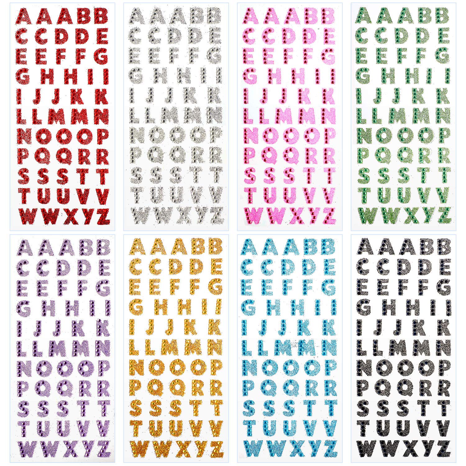 Blulu 8 Colors Glitter Alphabet Letter Stickers - Self-Adhesive ABC Stickers for Graduation Caps, DIY Scrapbooking, Handicrafts & Art Projects (8 Sheets)