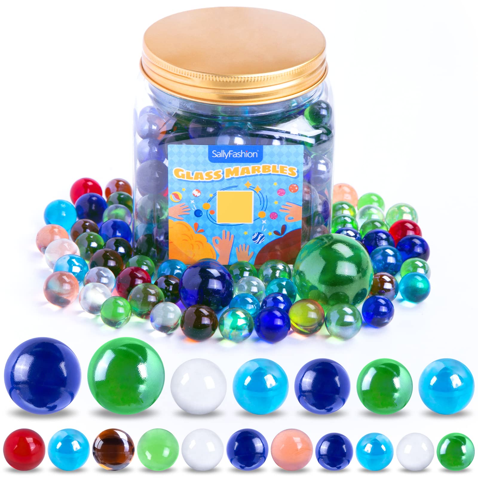 145PCS Colorful Glass Marbles Bulk Set with Storage Jar - Assorted Sizes for Kids Games, Chinese Checkers, Marble Runs & DIY Crafts - Perfect for Board Games, Sensory Play & Home Decor
