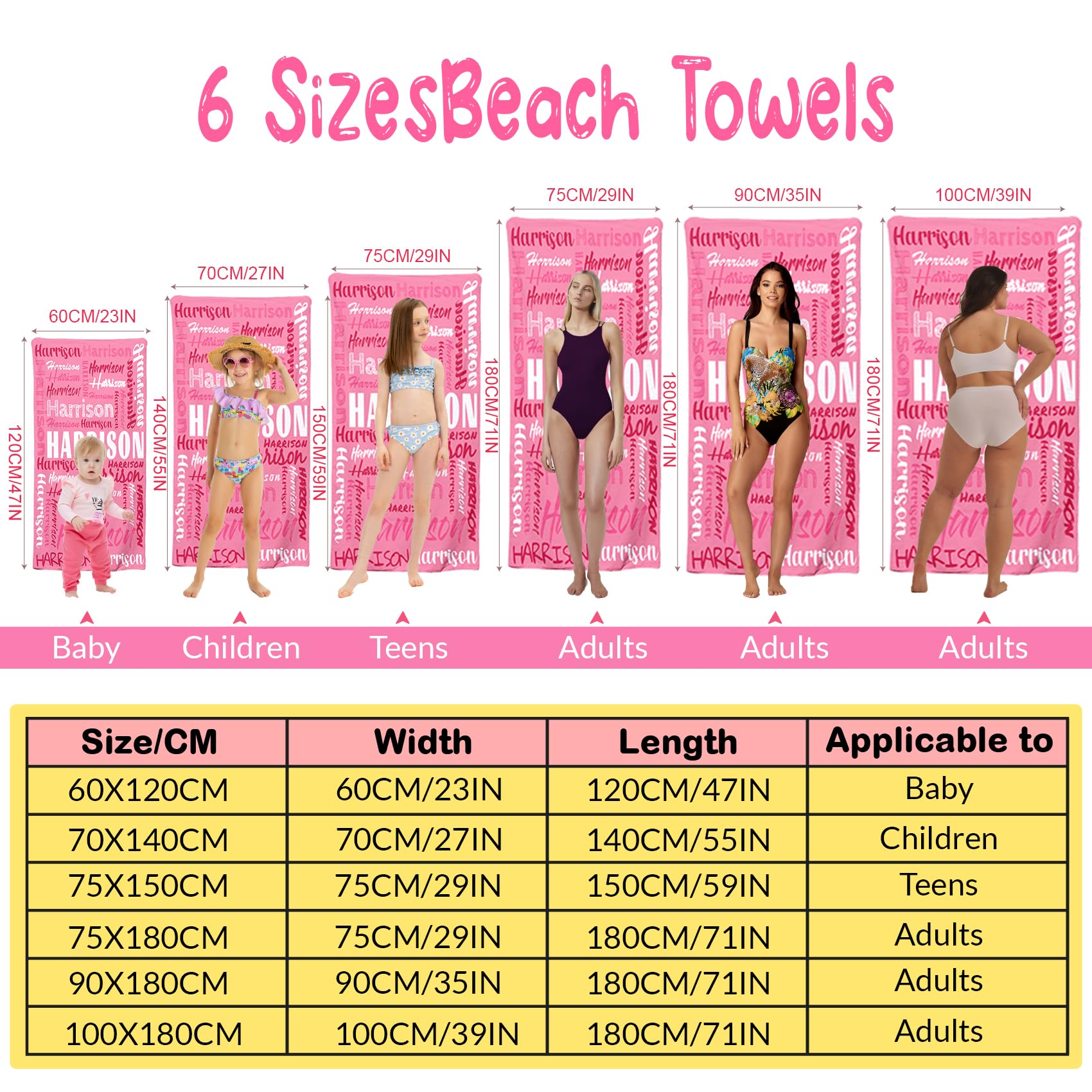 Custom Personalized Beach Towels with Names for Kids & Adults - Soft, Absorbent & Quick-Dry - Perfect for Pool, Beach, Vacation & Summer Outdoor Activities