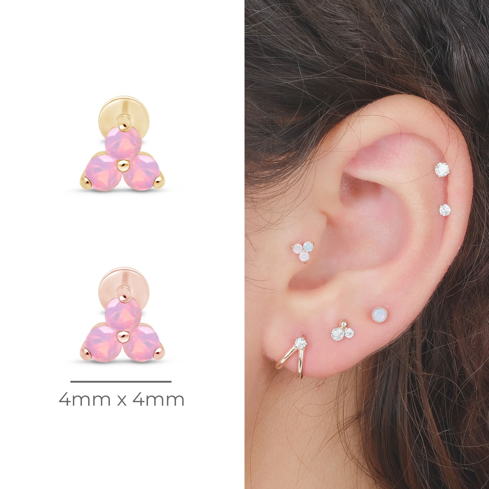 14K Rose Gold Pink Opal Trinity Cluster Stud Earrings - Flat Back for Sensitive Ears | Perfect for Everyday Wear, Gift Giving & Special Occasions