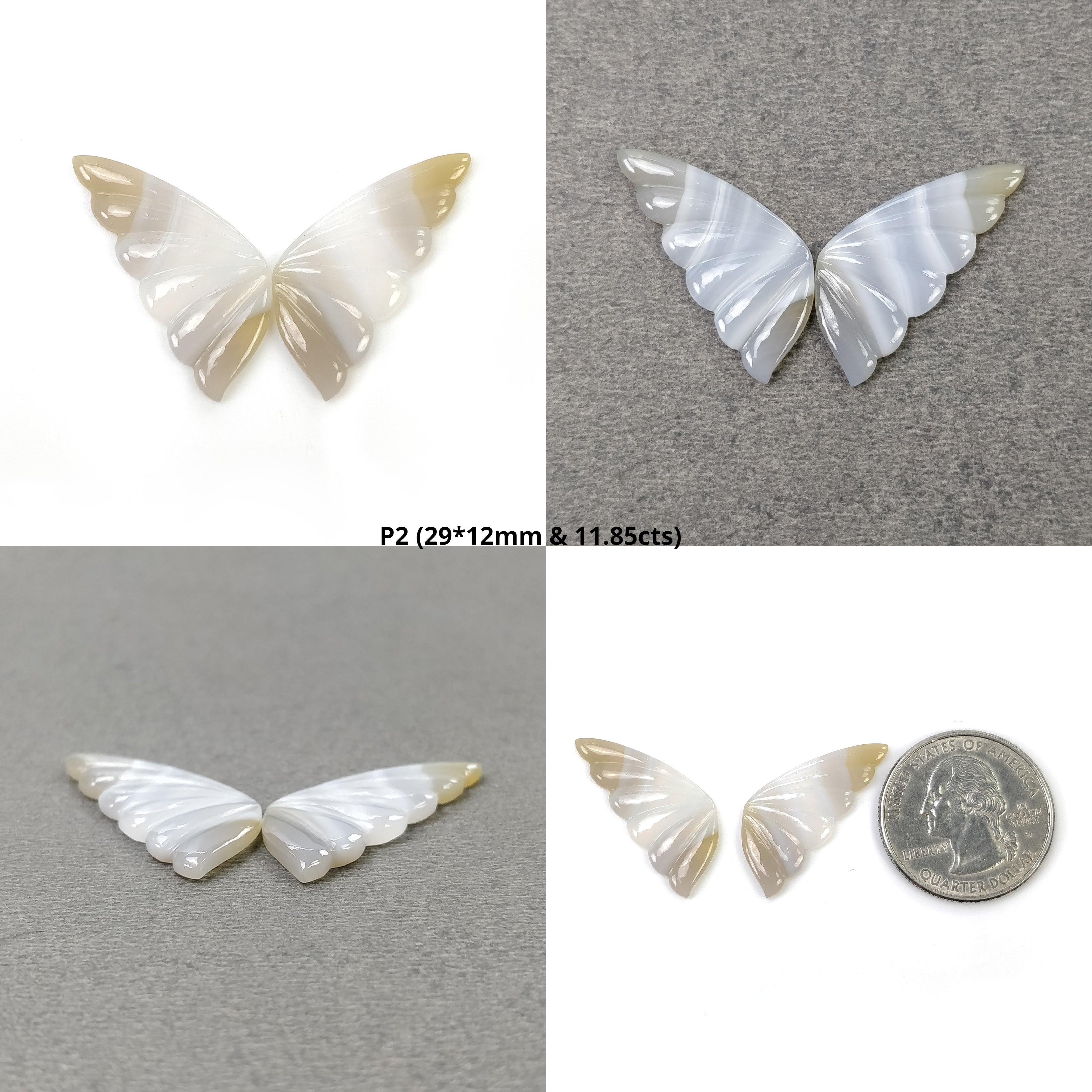 Natural Untreated Botswana Striped Agate Gemstone Carving - Hand Carved Bi-Color Agate Butterfly Pair (27x12mm & 31x11mm) | Unique Jewelry Making Supplies, Crystal Healing, Meditation & Gift Idea
