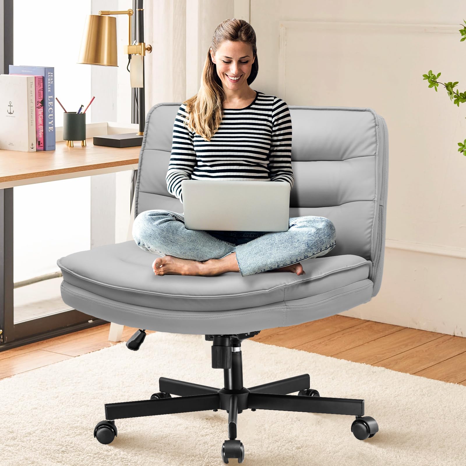 Criss Cross Legged Office Chair with Wheels - Armless Swivel Desk Chair, Wide Seat & Height Adjustable for Home Office, Computer Task, Vanity - Perfect for Cross-Legged Sitting, Work from Home & Gaming