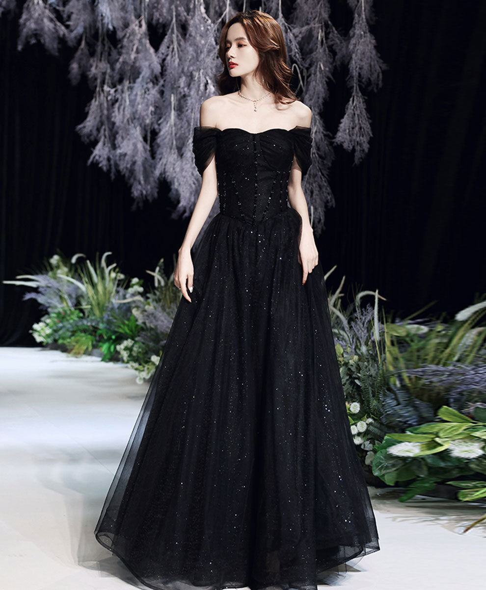 Elegant Black Tulle Off Shoulder Long Prom Dress for Women - Formal Graduation Gown for Evening Parties, Homecoming & Special Occasions