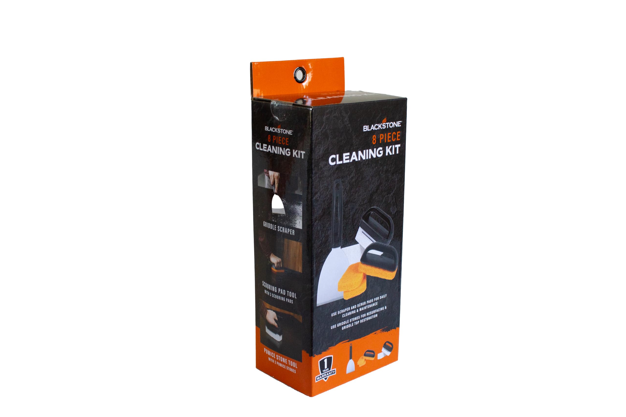 Blackstone 5463 8-Piece BBQ Grill Cleaning Kit - Stainless Steel Griddle Scraper, 3 Scouring Pads, 2 Pumice Stones with Handle (Black/Orange/Silver) for Indoor & Outdoor Flat Top Grills - Perfect for Backyard BBQs, Camping, and Outdoor Cooking