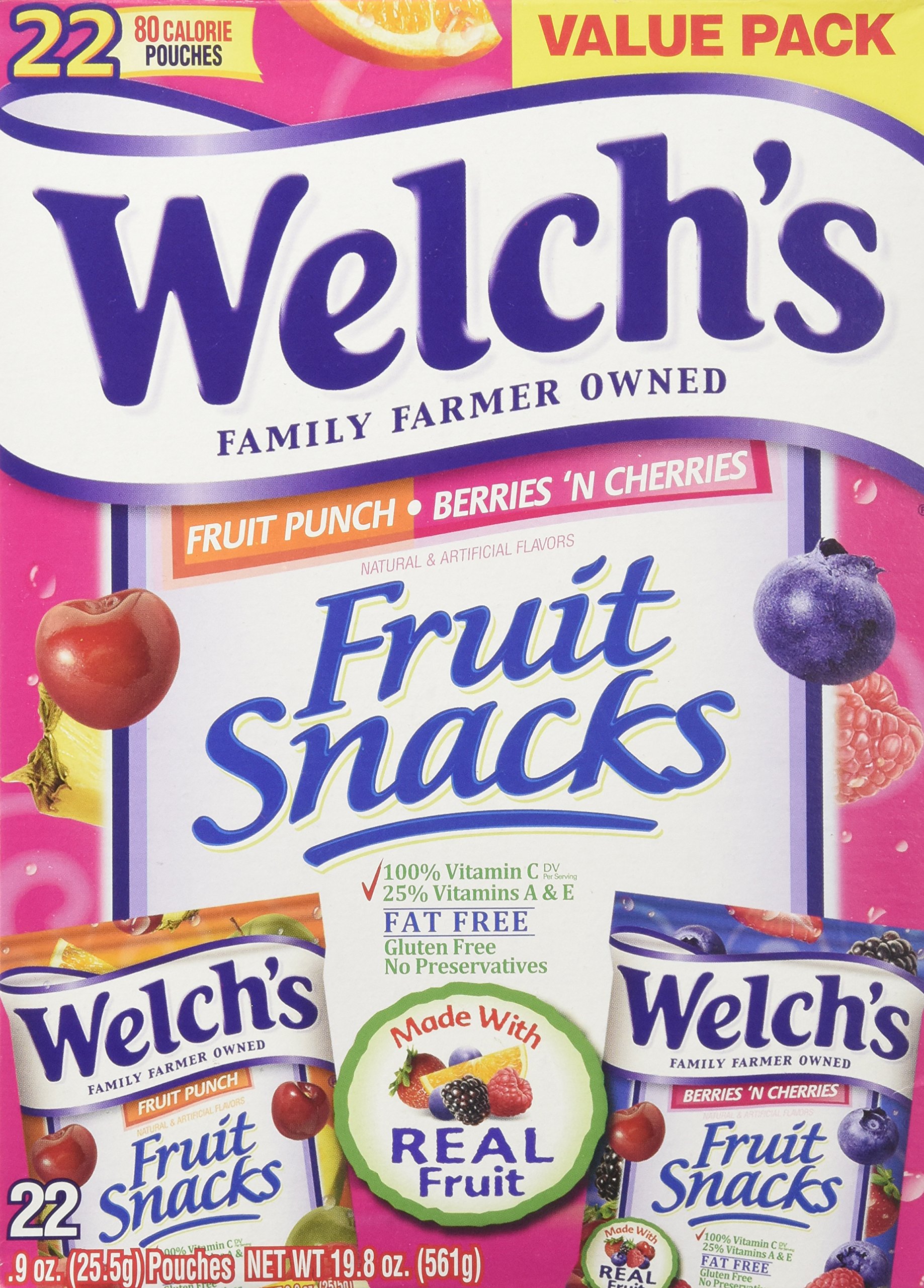 Welch's Fruit Snacks Variety Pack - 22 Pouches (Fruit Punch & Berries 'n Cherries, 0.9 oz Each) | Healthy Snacks for Kids, Lunch Box, Office & On-the-Go | Gluten-Free & Fat-Free Treat