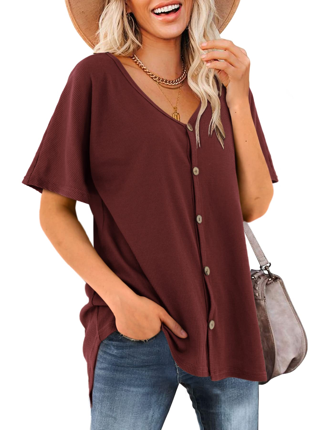 Beluring Women's V-Neck Short Sleeve Loose Waffle Knit Button-Up Blouse - Casual Summer Tops for Work, Date & Weekend Outfits