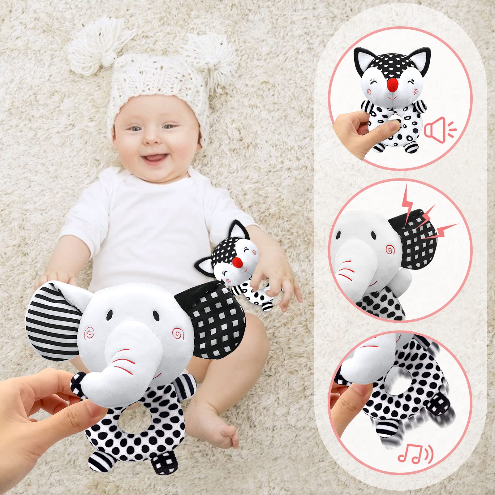 Best Baby Rattles for 0-6 Months - High Contrast Black & White Newborn Toys, Soft Plush Infant Rattles for 0-3-6-9-12 Months Boys & Girls - Perfect for Tummy Time, Sensory Development & Early Learning