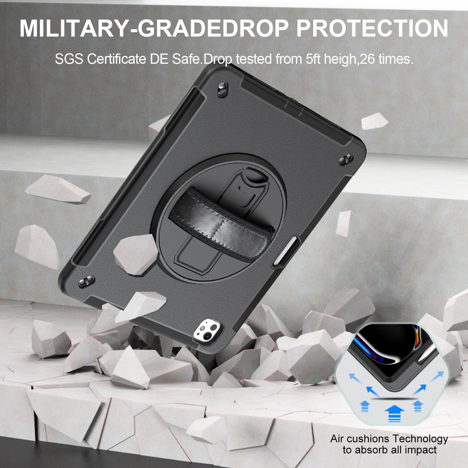 Military Grade Shockproof iPad Pro 13 Inch Case (2024, 7th Gen) - Heavy Duty Protection with Rotating Stand, Pencil Holder & Screen Protector - Perfect for Travel, Work & Outdoor Use - Black