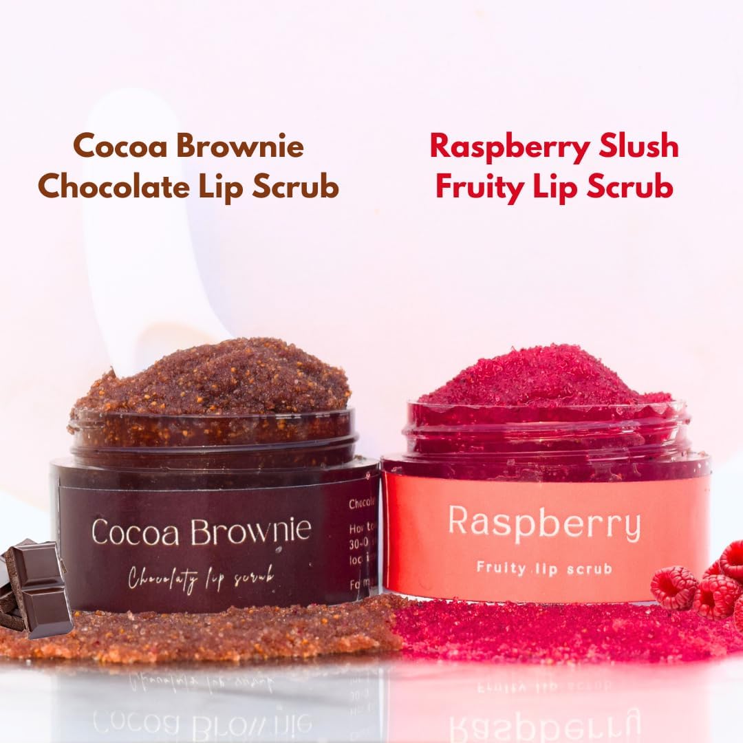 M&U Vegan Lip Scrub Combo Pack - Cocoa Brownie Chocolate & Raspberry Slush Fruity Exfoliator | 100% Natural Treatment for Dry, Chapped Lips | Men & Women | Perfect for Winter Care & Daily Lip Routine