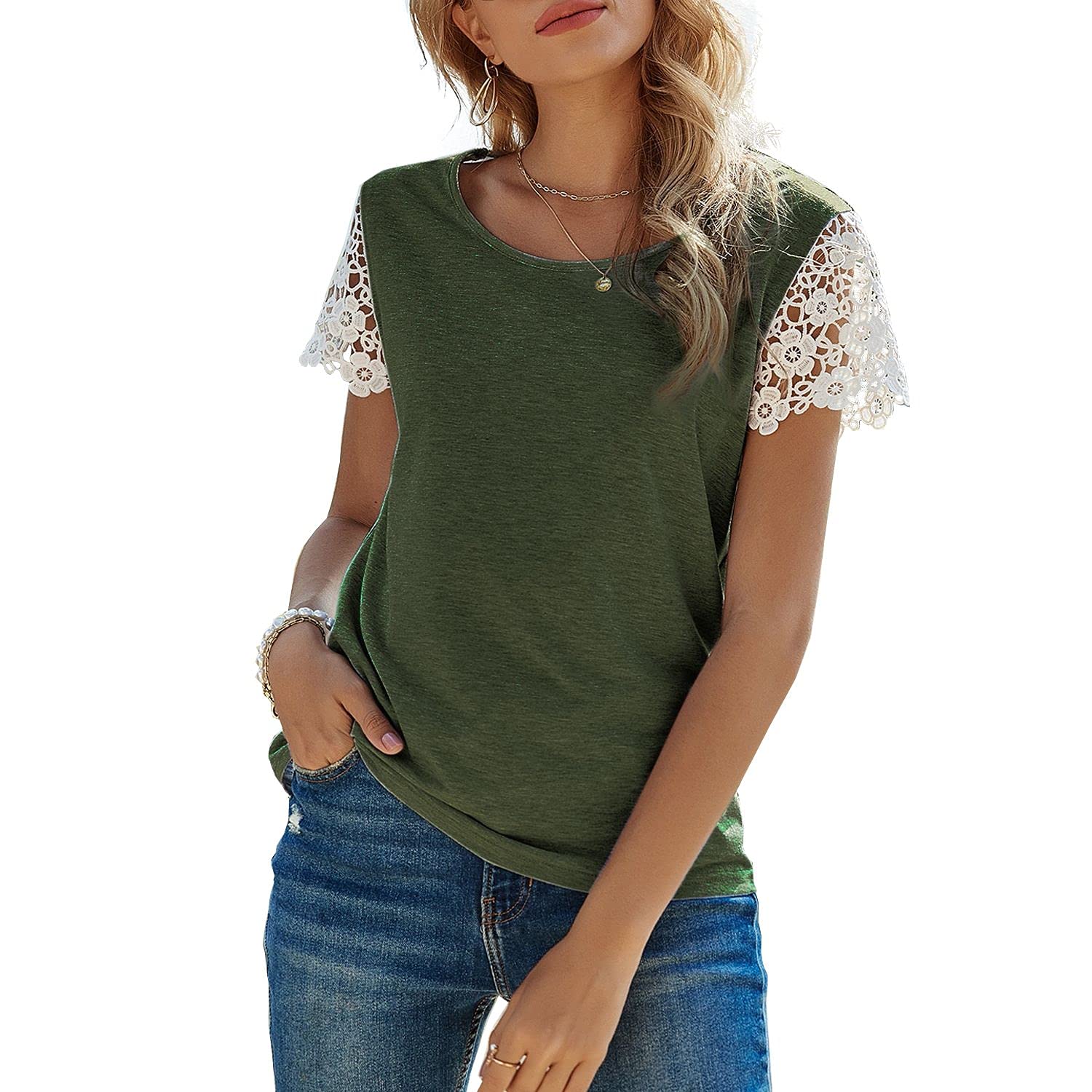 MAKARTHY Women's Sexy Deep V Neck Short Sleeve Lace Crochet T-Shirt - Summer Casual Tee Top for Date Night & Beach Outfits