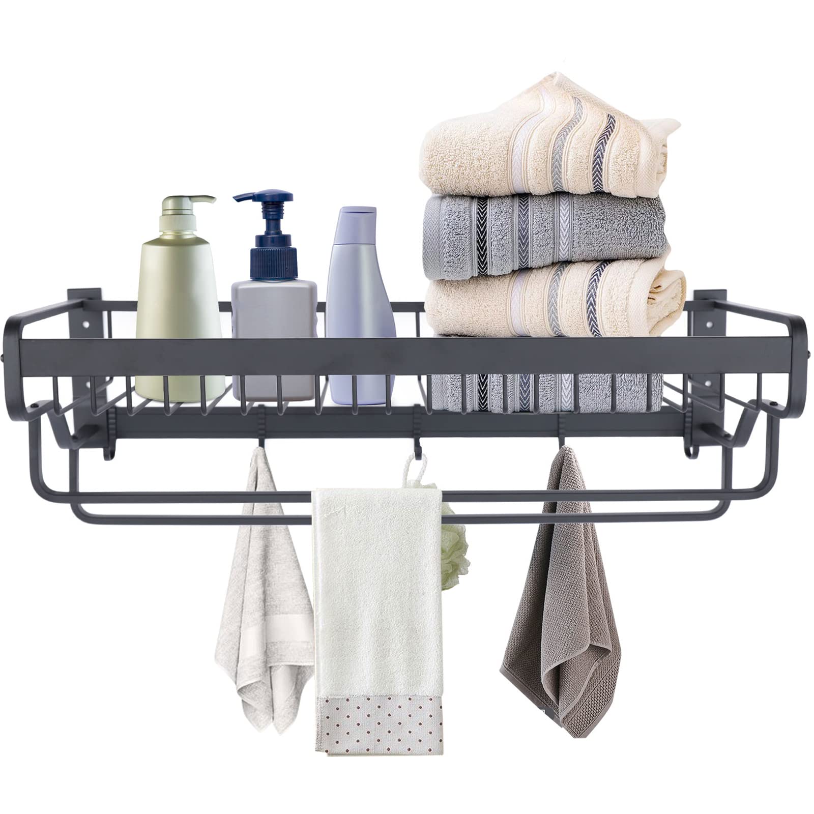 Black Wall Mounted Bathroom Shelves with Towel Bar - Space Saving Storage Shelf for Towels & Toiletries - Perfect for Bathroom, Kitchen, Bedroom & Living Room Organization