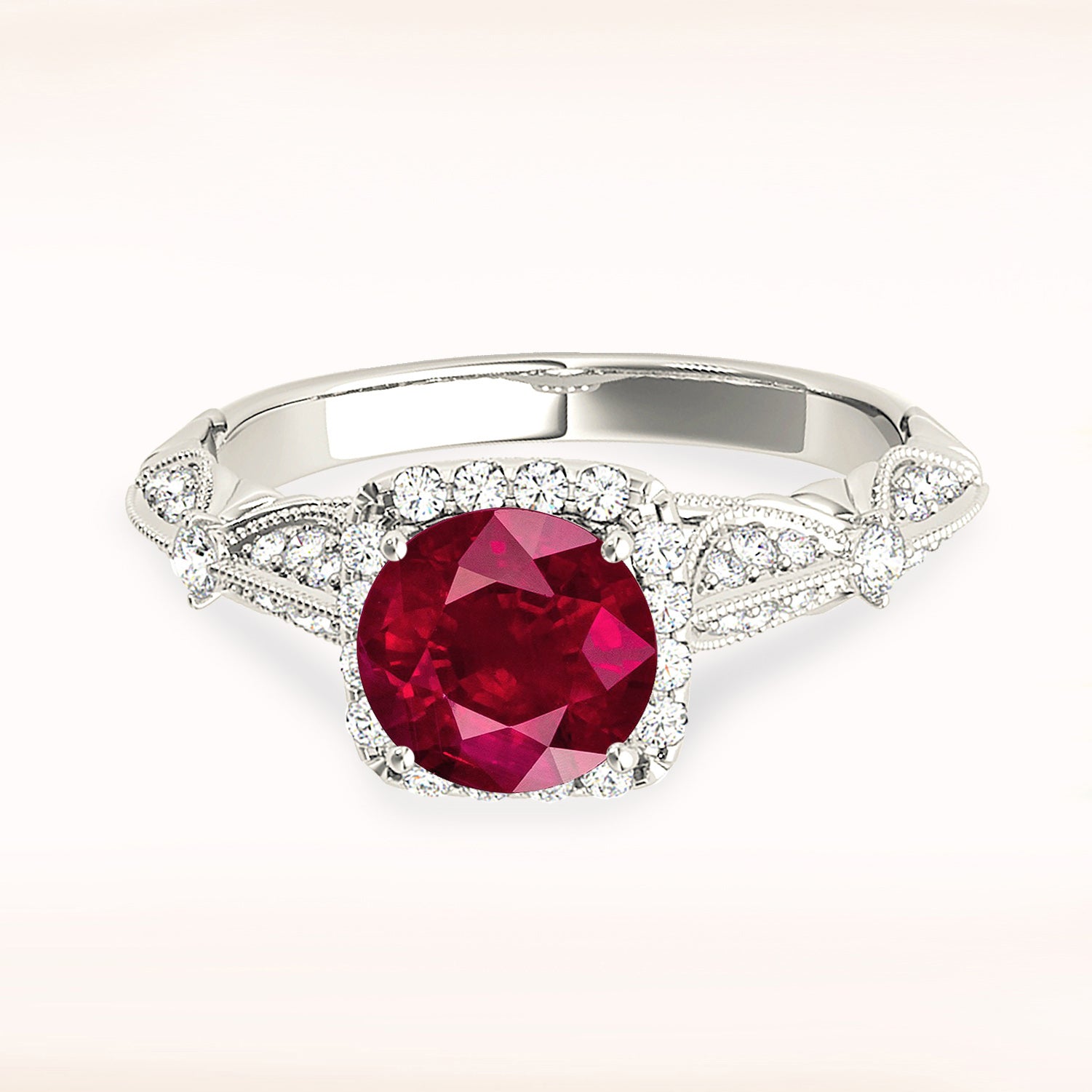 1.35 Carat Genuine Round Ruby Engagement Ring with Square Halo & Milgrain Floral Diamond Band - Perfect for Weddings, Anniversaries, and Special Occasions
