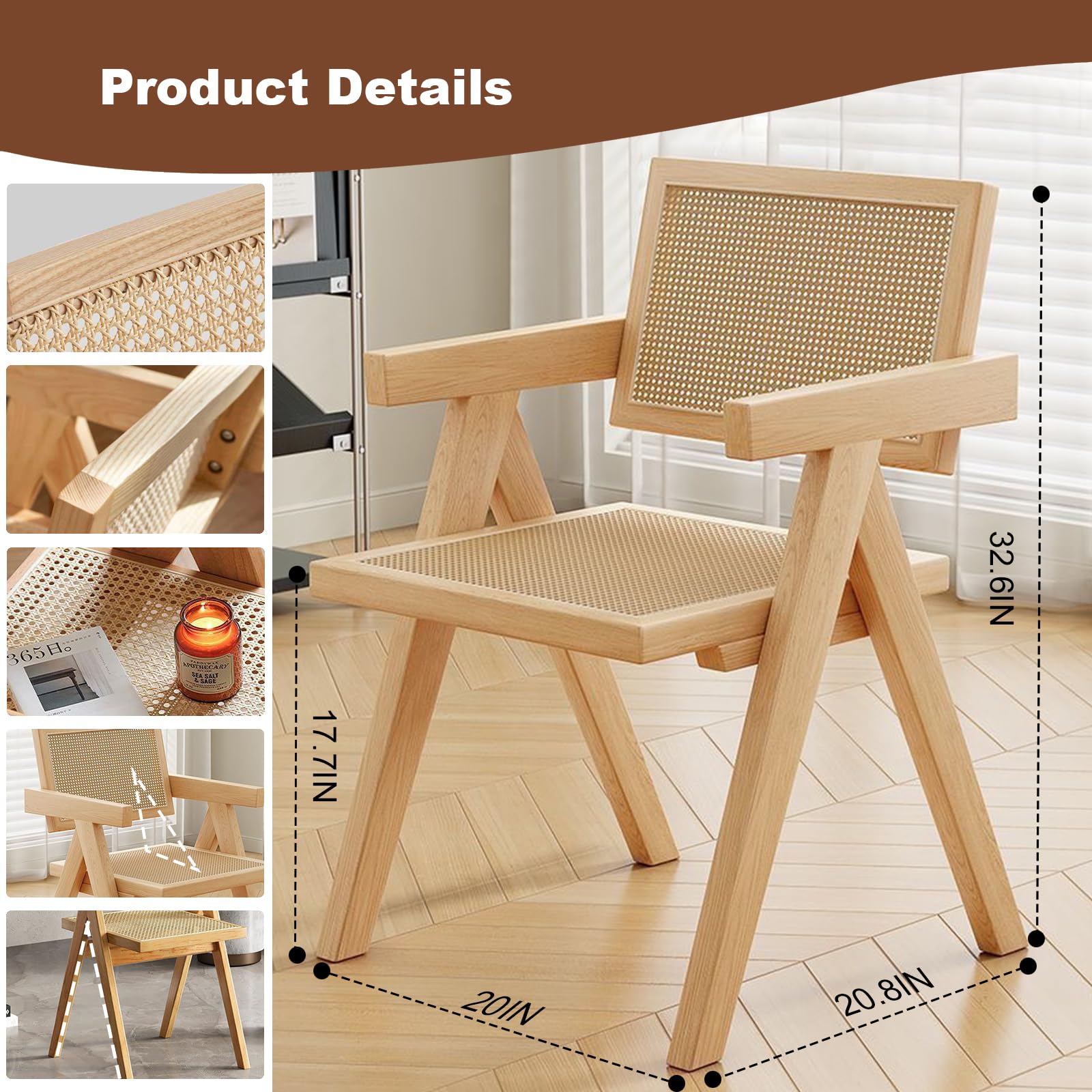 Rattan Dining Chair - Wooden Kitchen Cane Armchair with Woven Backrest & Seat - Comfortable for Living Room, Bedroom, Restaurant - Perfect for Indoor Dining, Home Decor & Entertaining (Black)