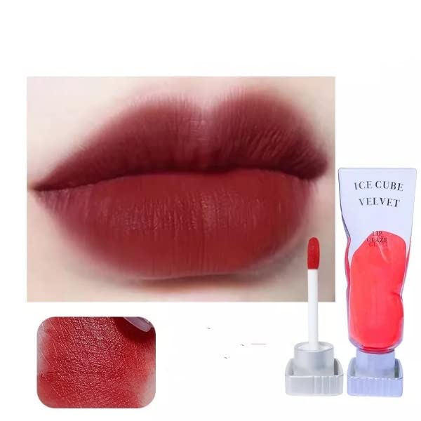 Velvet Lip Glaze - Waterproof Lip Gloss with Ice Cube Effect, Mocha Red Brown (06#) - Long-Lasting, Clear & Soft Color for Day & Night Wear
