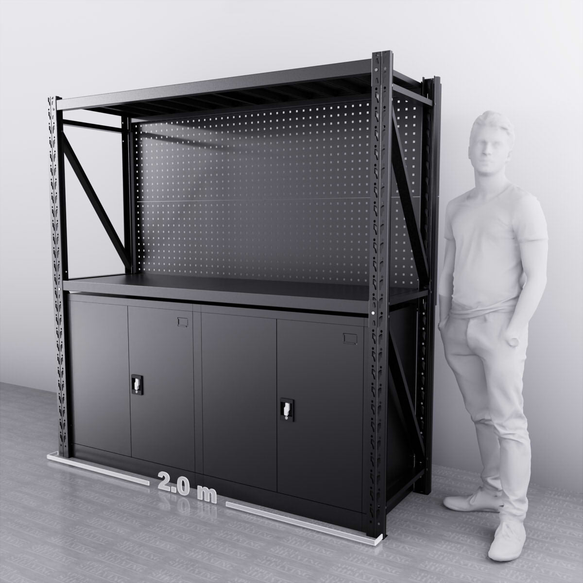 2m (6.5ft) Heavy Duty Steel Pegboard Workbench with Cabinets - Wall Mounted Tool Organizer for Garage, Workshop & DIY Projects