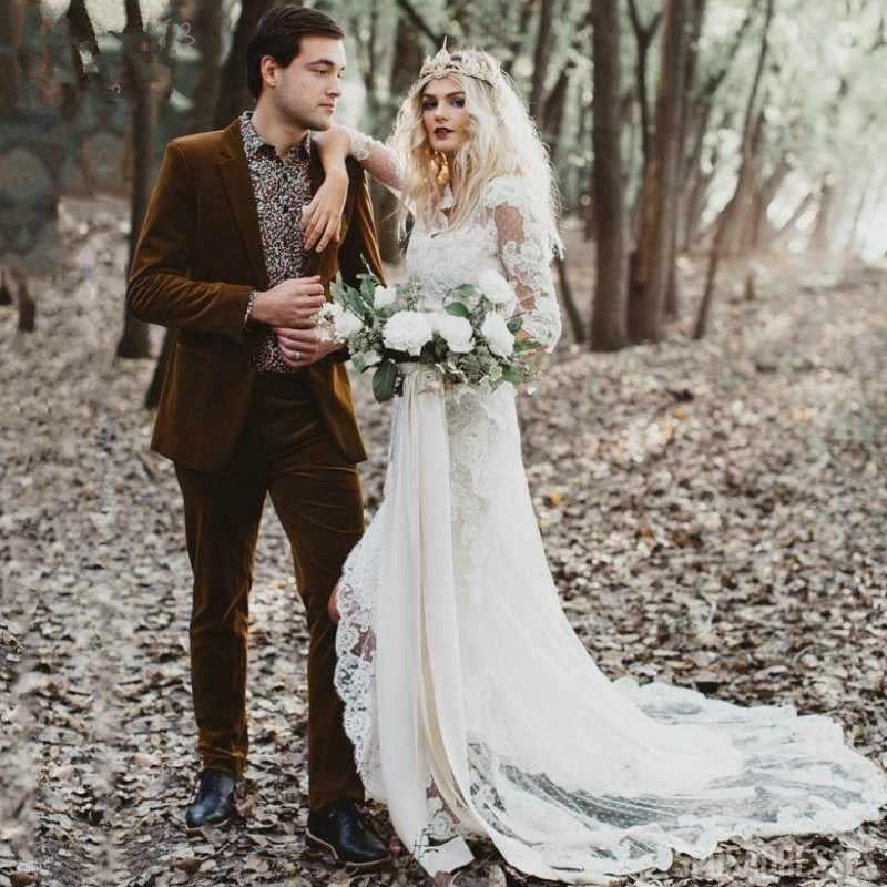Elegant Long Sleeve See-Through Lace Boho Wedding Dress - Romantic A-Line Gown for Beach, Garden & Vintage Weddings (WD686)