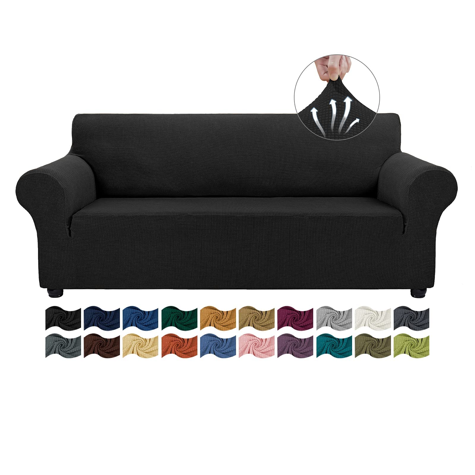 Asnomy Stretch Sofa Slipcover for 3-Cushion Couch - Jacquard Spandex Pet-Friendly Furniture Protector (Large, Black) - Perfect for Living Room, Family Room & Pet Owners