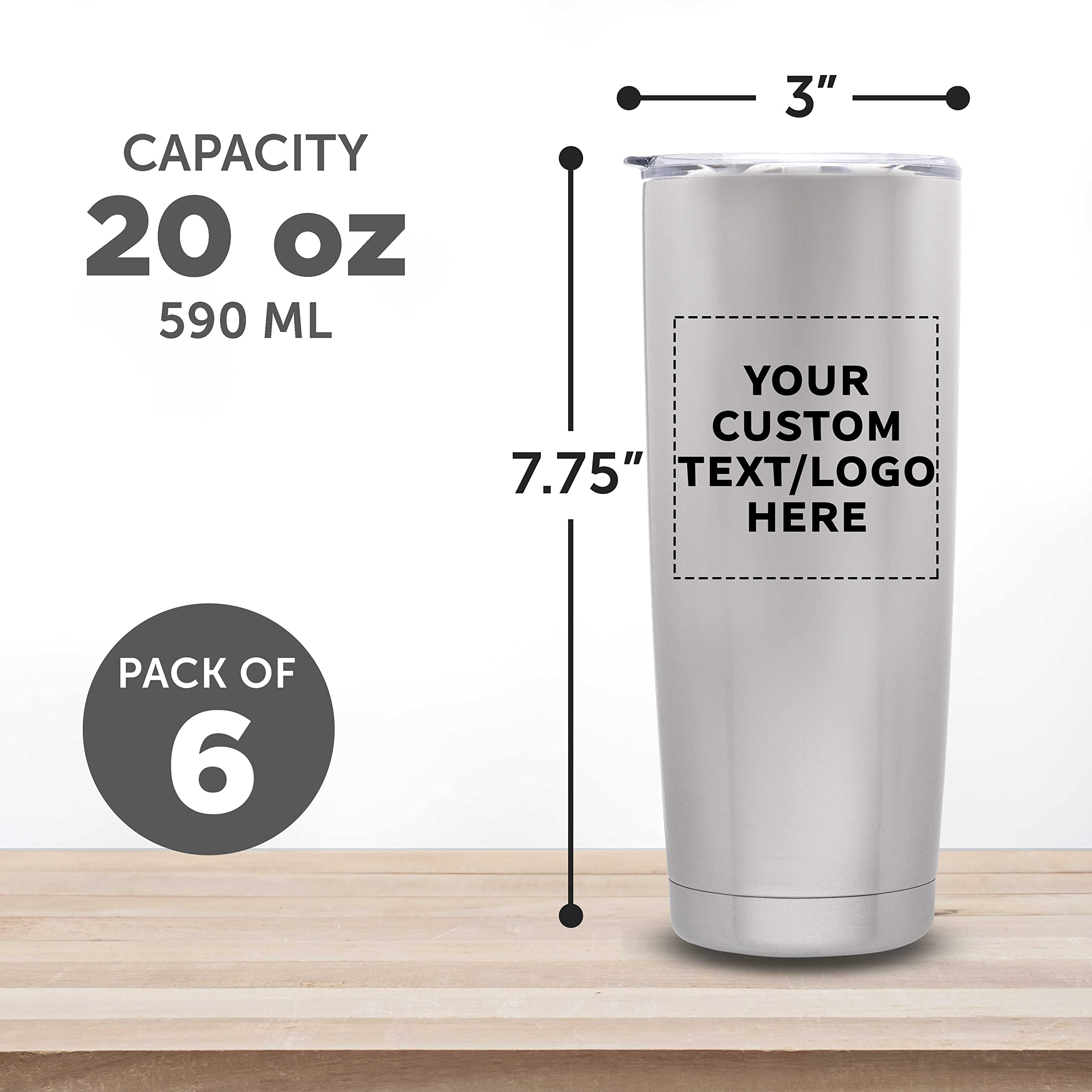 Personalized Stainless Steel Coffee Tumblers 20 oz (Set of 6) - Double Wall Vacuum Insulated Custom Pipette Design - Keeps Hot & Cold Beverages Perfect Temperature - Ideal for Coffee, Tea, Hot Cocoa, Iced Drinks - Great for Office, Travel, Camping, Gifts (Silver)