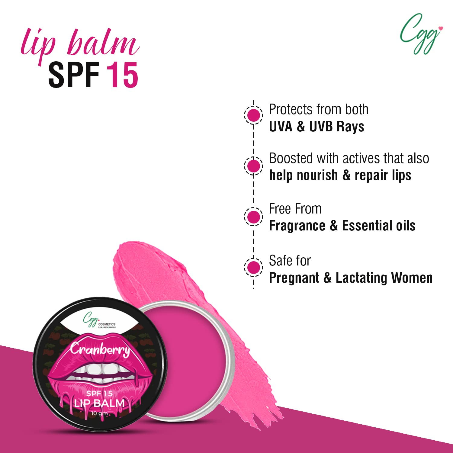 CGG Cosmetics Cranberry Lip Balm with SPF 15 - Moisturizing & Nourishing for Soft Pink Lips | Vitamin C+E Formula | Lightens Dark Lips & Reduces Pigmentation | 10g Tinted Lip Care | Perfect for Daily Sun Protection & Natural Lip Enhancement