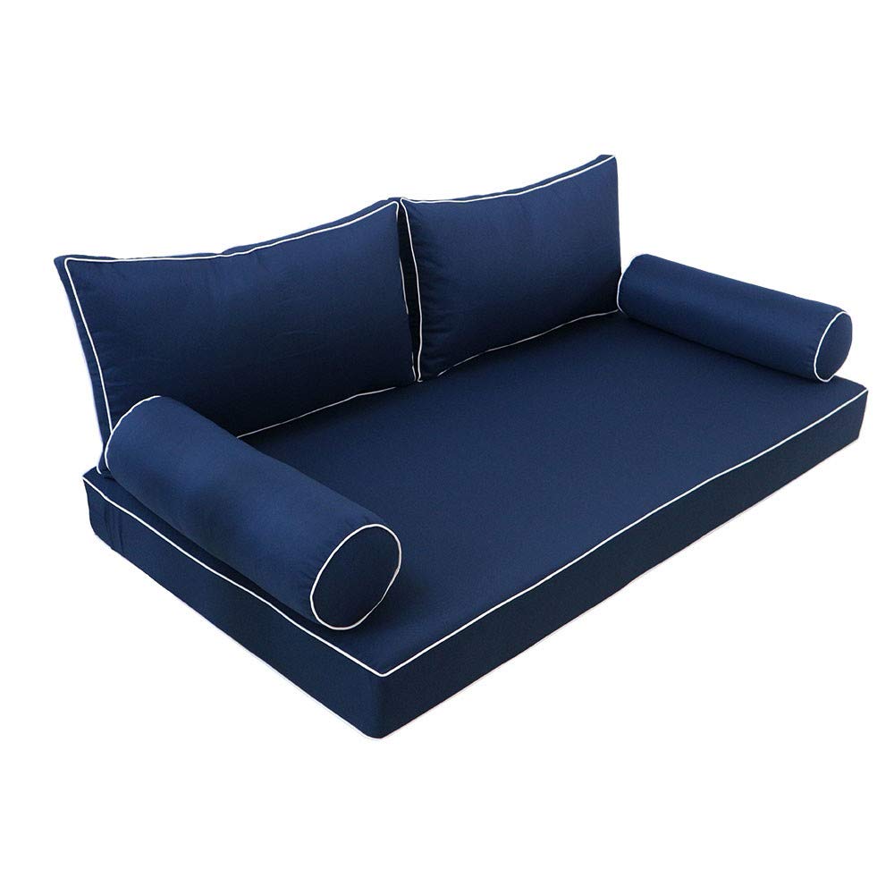 Prolinemax Style2 5-Piece Outdoor Daybed Cushion Set - Full Size Contrast Piping Mattress & Bolster Pillows for Patio, Poolside, or Garden Lounge Comfort (AD101)