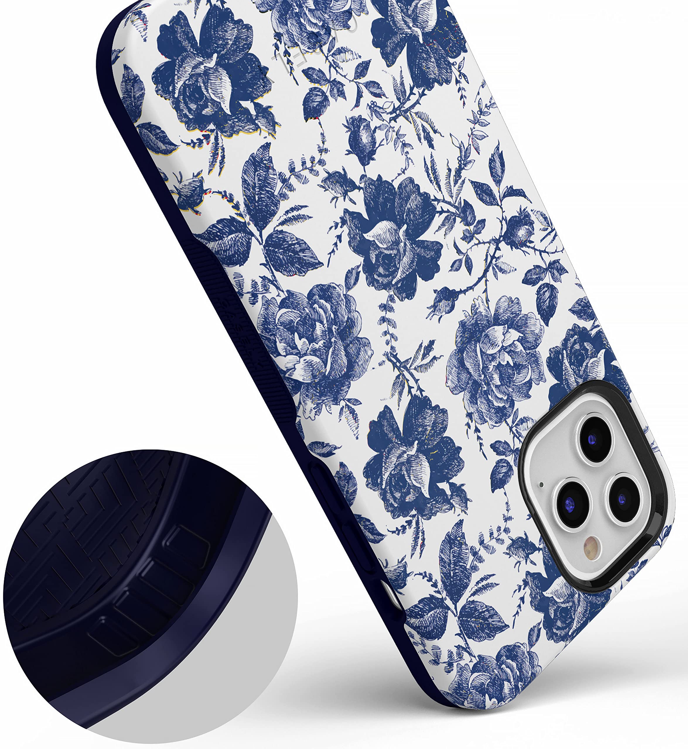 Casely iPhone 12/12 Pro Case - Rose Floral Design with Blue & White Flowers | MagSafe Compatible Protective Cover | Perfect for Everyday Use, Travel & Gift Giving