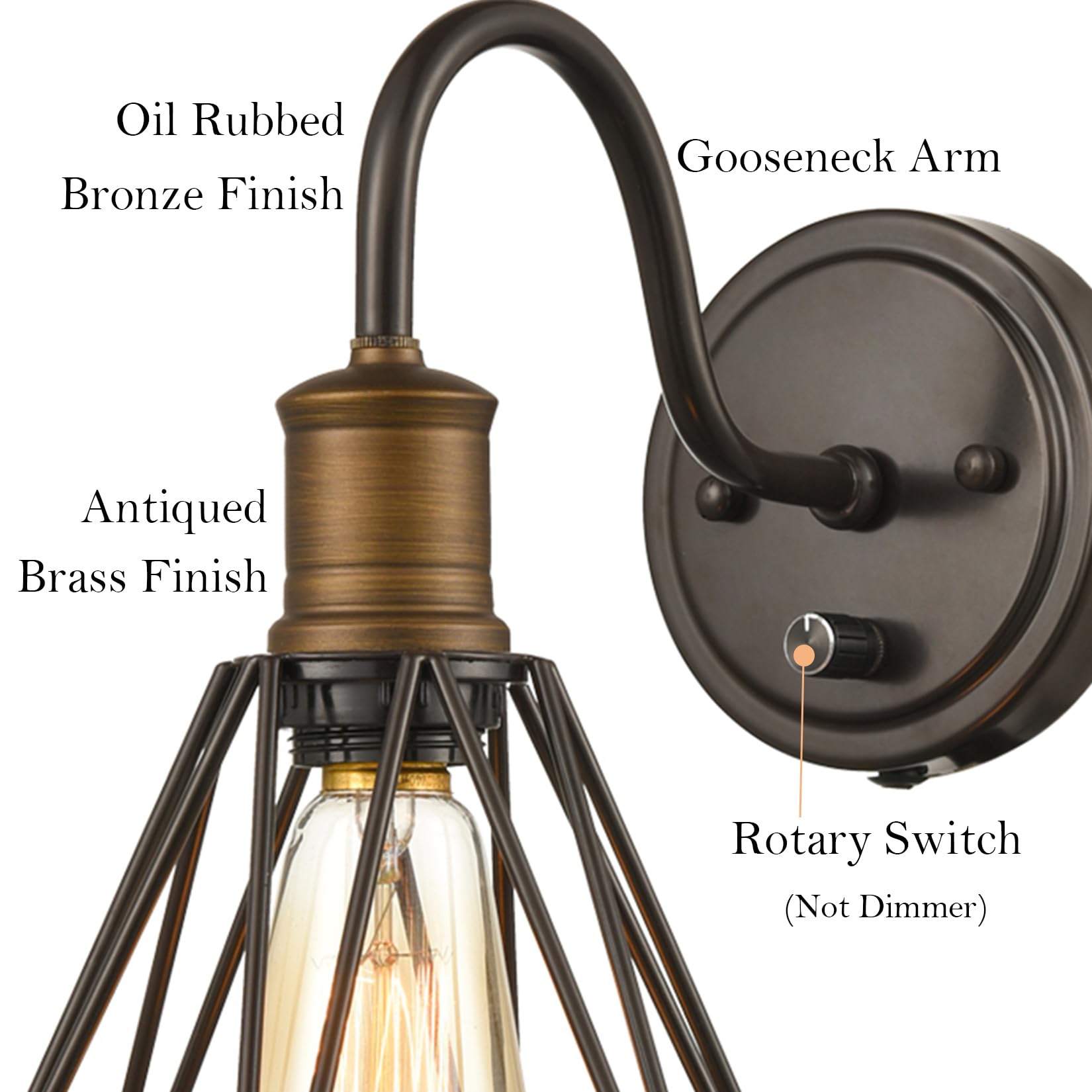 DAYCENT Set of 2 Industrial Wall Sconces - Oil Rubbed Bronze Gooseneck Farmhouse Lighting with On/Off Switch & Polygon Cage Design - Perfect for Bedroom, Living Room, Hallway & Entryway Lighting