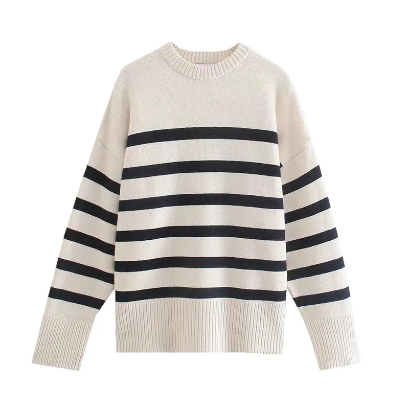 Women's Oversized Striped Knit Pullover Sweater - Casual Loose Fit Thick Winter Jumper for Autumn & Cold Weather - Cozy Layering for Work, Travel & Home