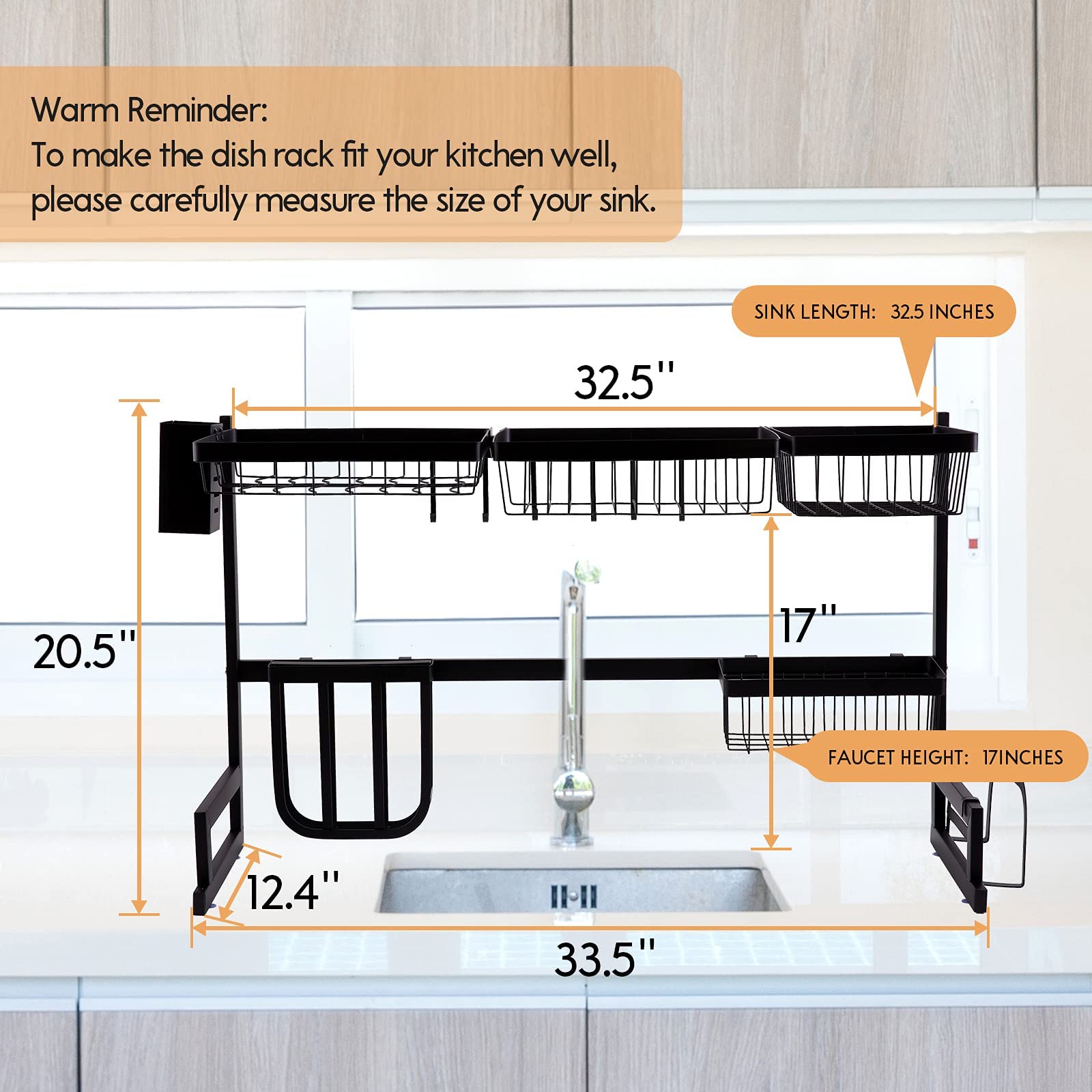 2-Tier Over The Sink Dish Drying Rack with 5 Utility Hooks - Large Kitchen Organization Storage Shelf & Utensil Holder for Countertops (Fits Sinks ≤32.5