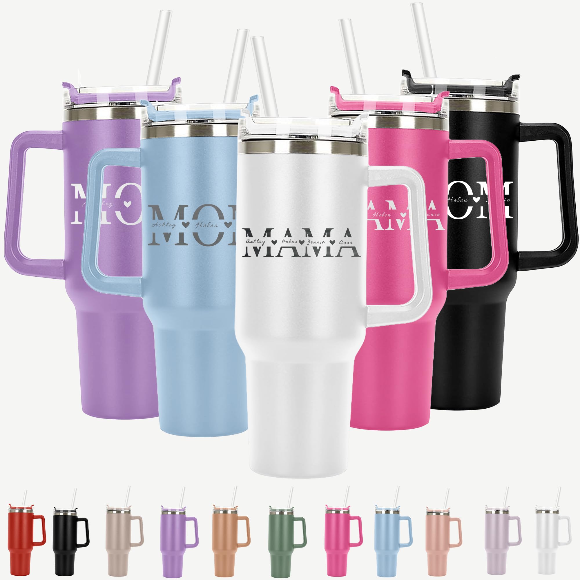 Personalized Laser Engraved 40 oz Large Tumbler with Handle, Straw & Lid - Custom Mom & Mama Travel Coffee Mug - Double Wall Vacuum Insulated Cup - Perfect Mother's Day Gift, Birthday Present & Everyday Use for Coffee, Tea & Cold Drinks at Home, Office or Travel