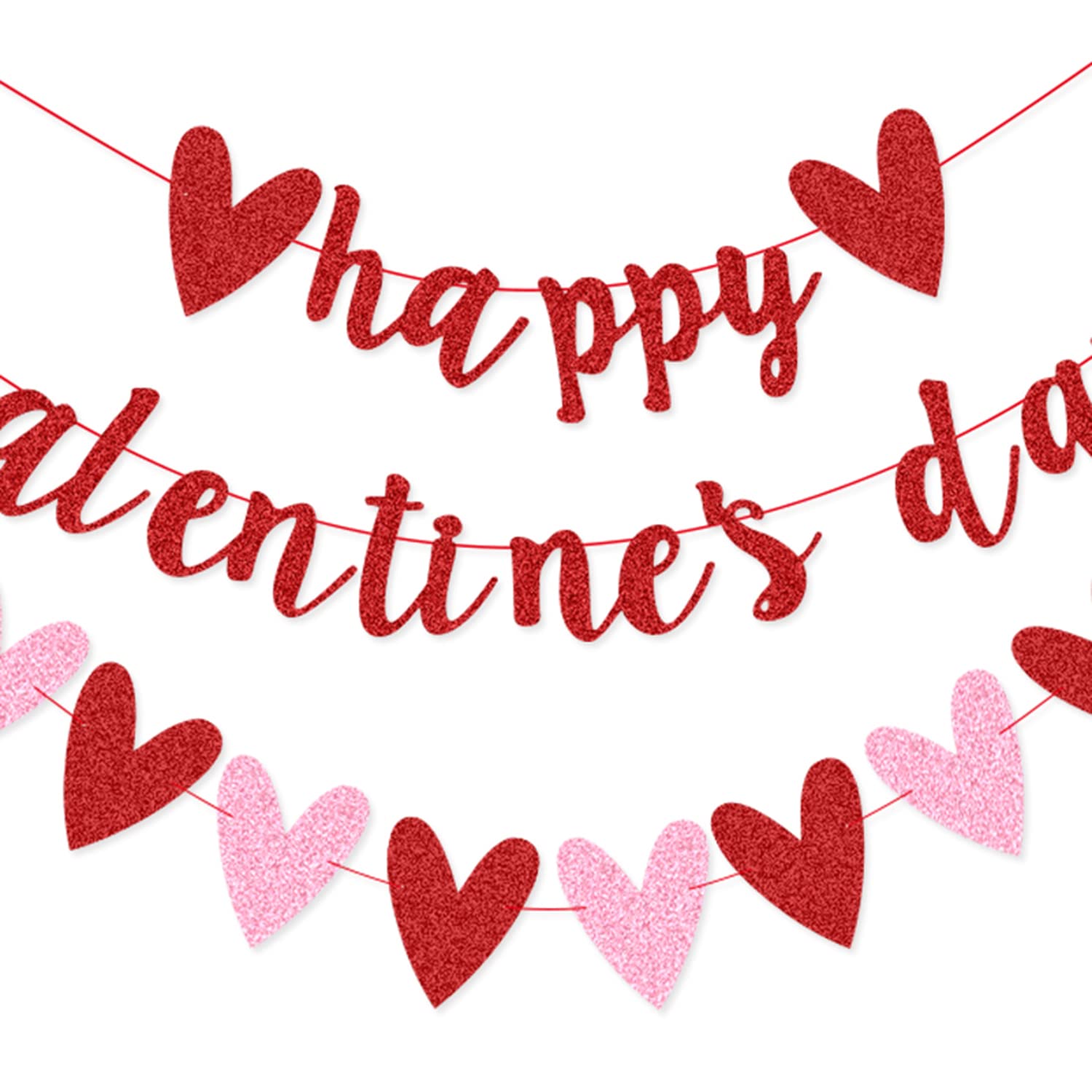 XIANMU 10ft Red Glitter Valentine's Day Banner & Pink Heart Garland - Reusable Party Decor for Valentine's, Weddings, Anniversaries & Romantic Home Decor