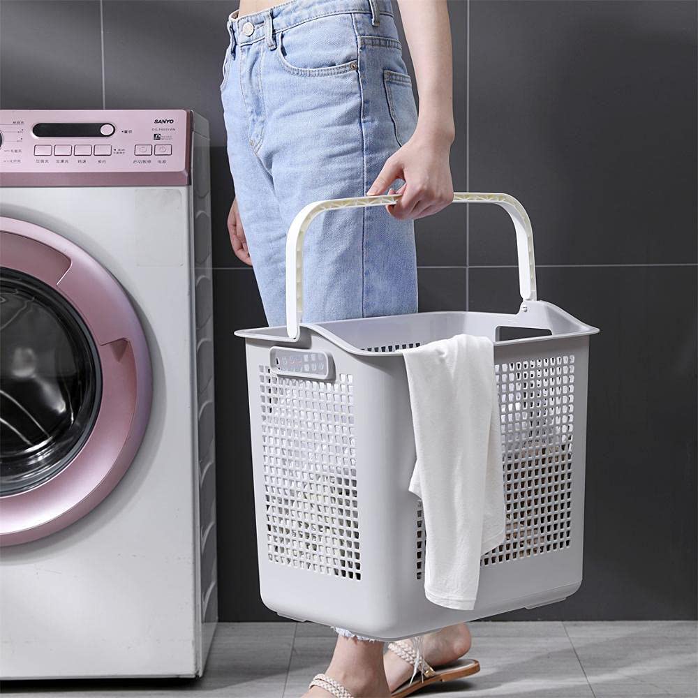 White Plastic Laundry Basket with Handle - Foldable Dirty Clothes Hamper for Washing & Storage - Perfect for Bedroom, Bathroom, Laundry Room & Dorm Organization