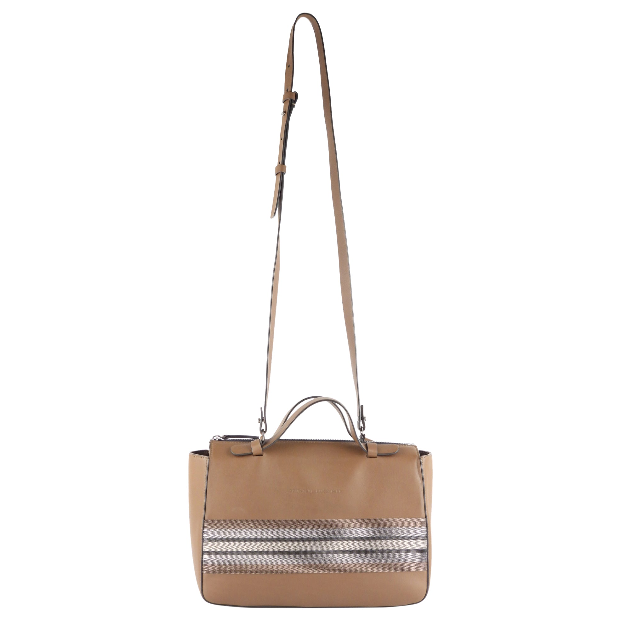 Brunello Cucinelli Brown Leather Monili Bead Two-Way Tote Bag for Women - Luxury Designer Handbag for Work, Travel & Everyday Use