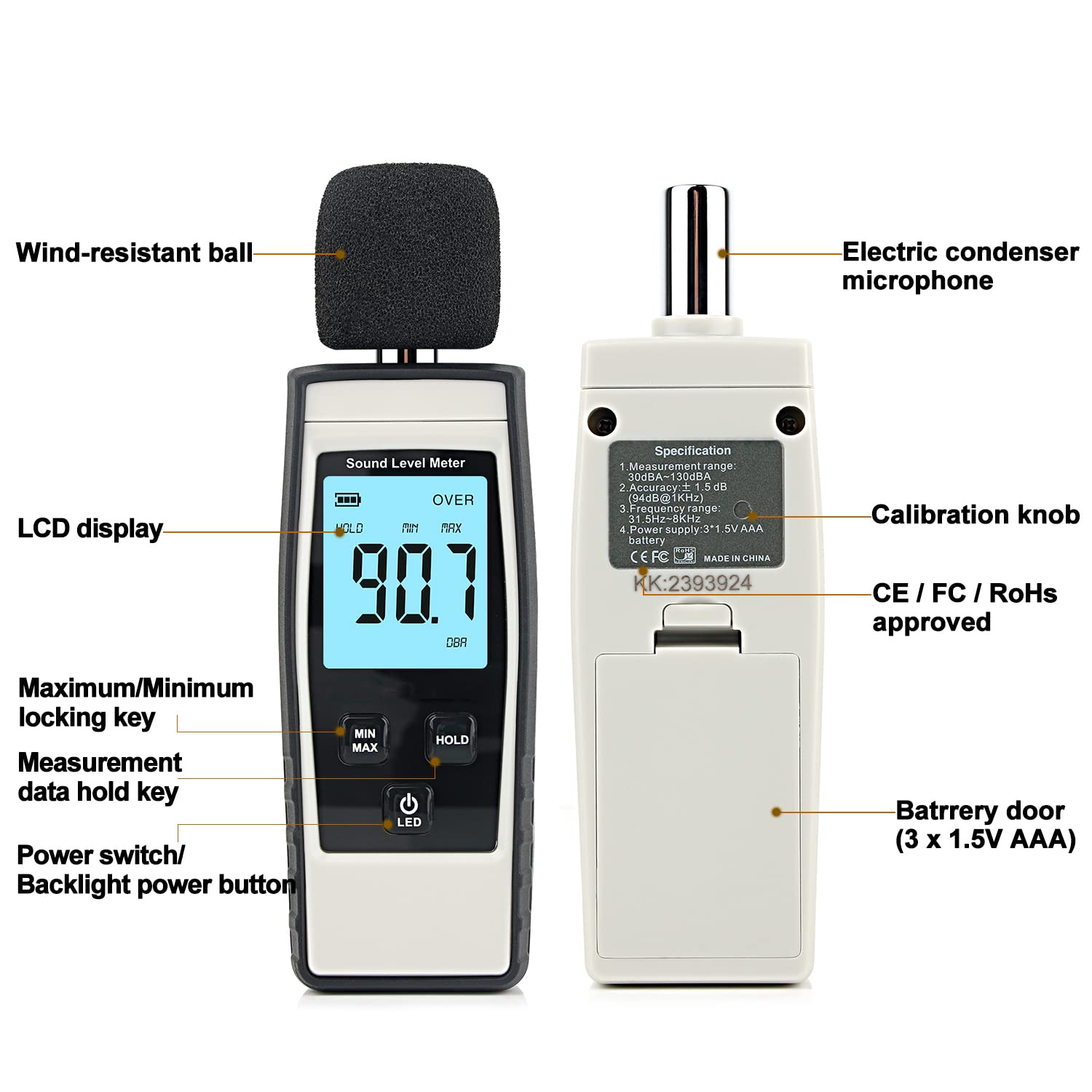 Digital Decibel Meter - Portable SPL Sound Level Meter 30-130 dB(A) with LCD Display | Noise Volume Monitoring Tester for Home, Workplace & Industrial Use (Battery Included, Gray)