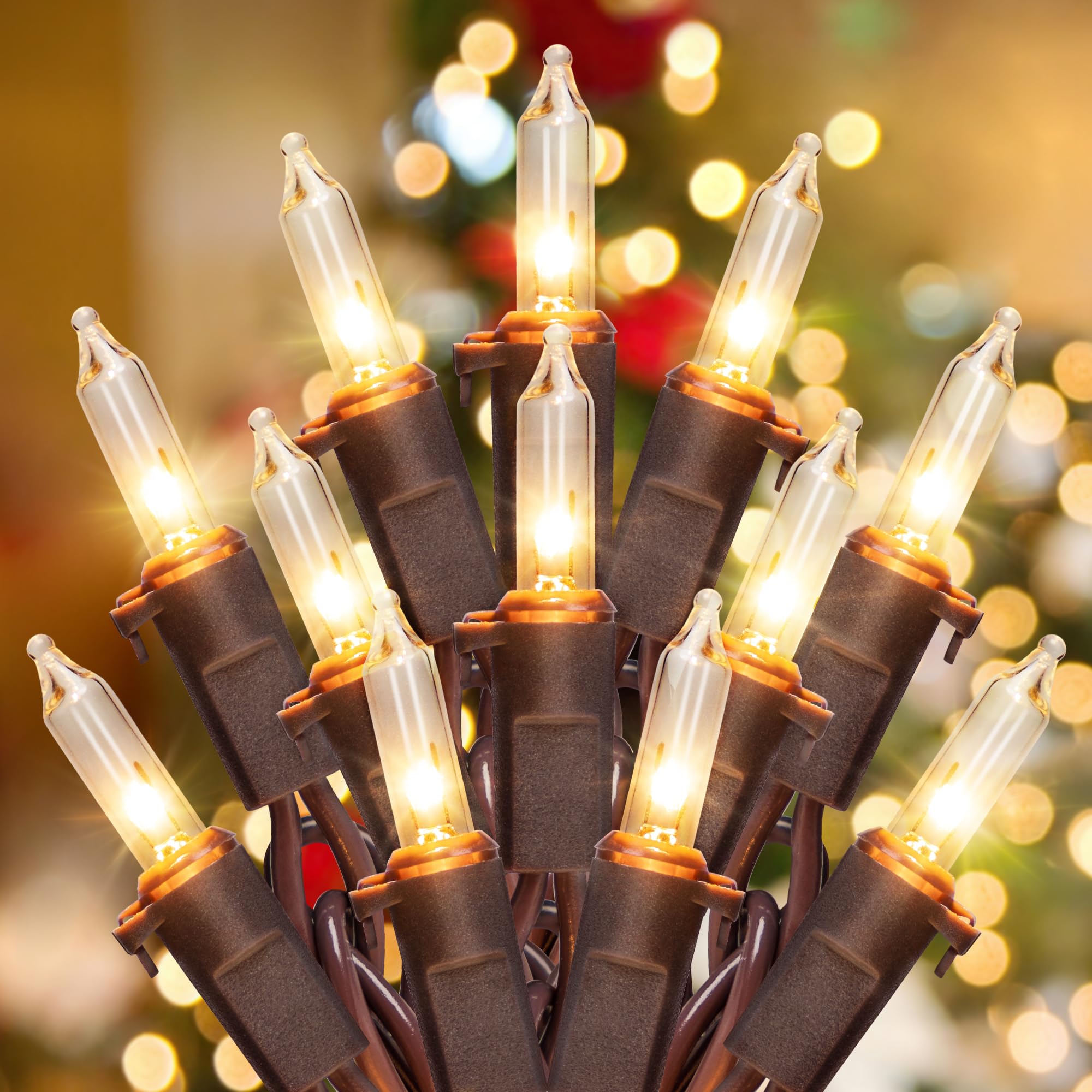 YOUNGAR 13FT 50 Clear Christmas Lights Outdoor - UL Approved Brown Wire Mini String Lights for Indoor/Outdoor Xmas Tree, Patio, Garden & Holiday Decorations - Perfect for Christmas Tree Decorating, Home Holiday Lighting & Festive Party Decor