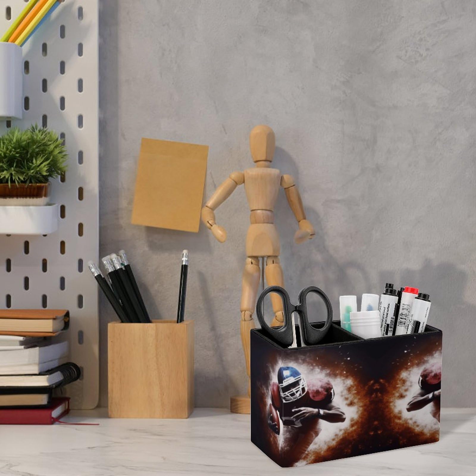 YJWANDO Leather Pen Holder with American Football Print - Premium Office Desk Organizer & Pen Cup for Pencils, Pens & Markers - Perfect Desk Accessory for Home, Office & School Organization