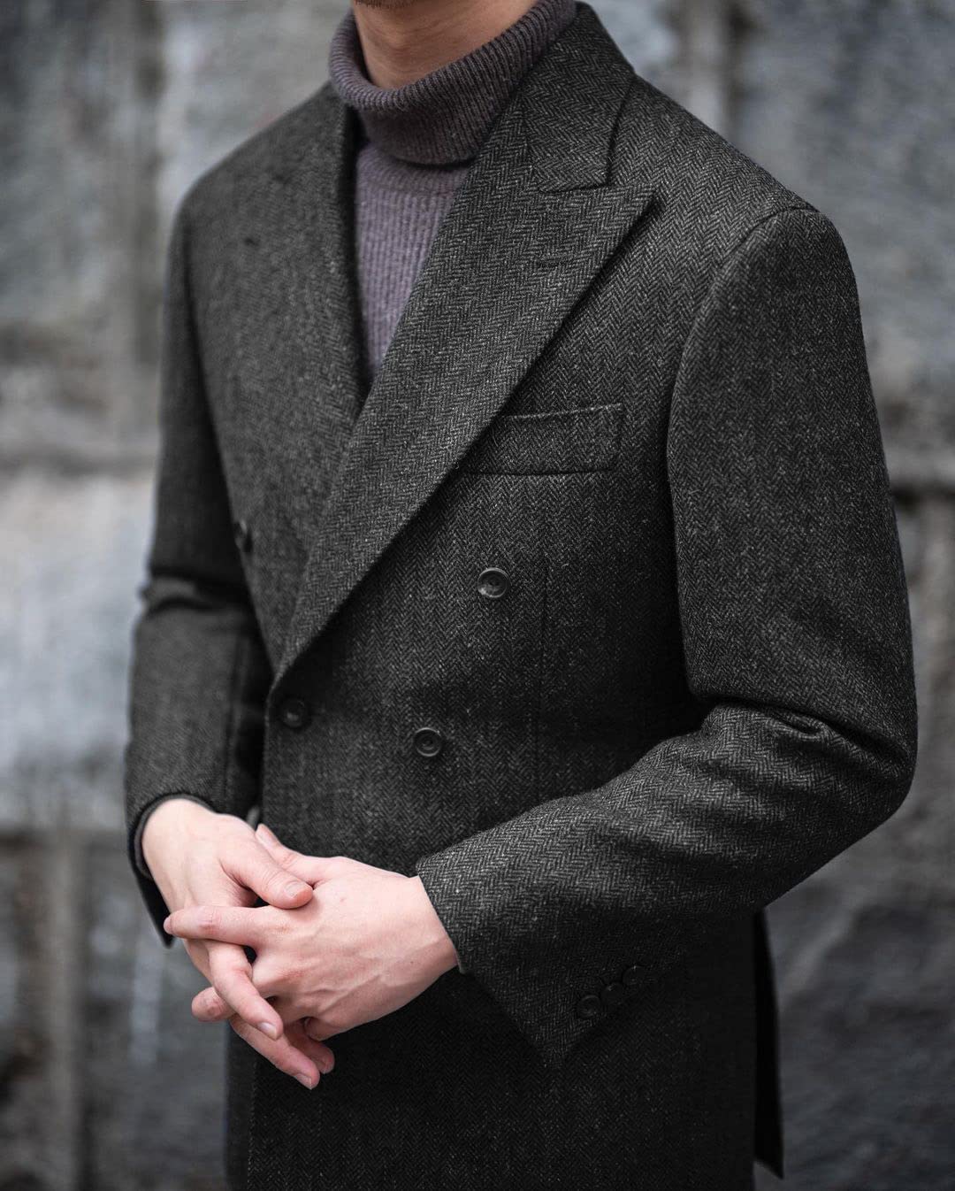 SOLOVEDRESS Men's 2-Piece Wool Suit Set - Classic Herringbone Double Breasted Blazer & Pants for Wedding, Groomsmen, Business & Formal Events
