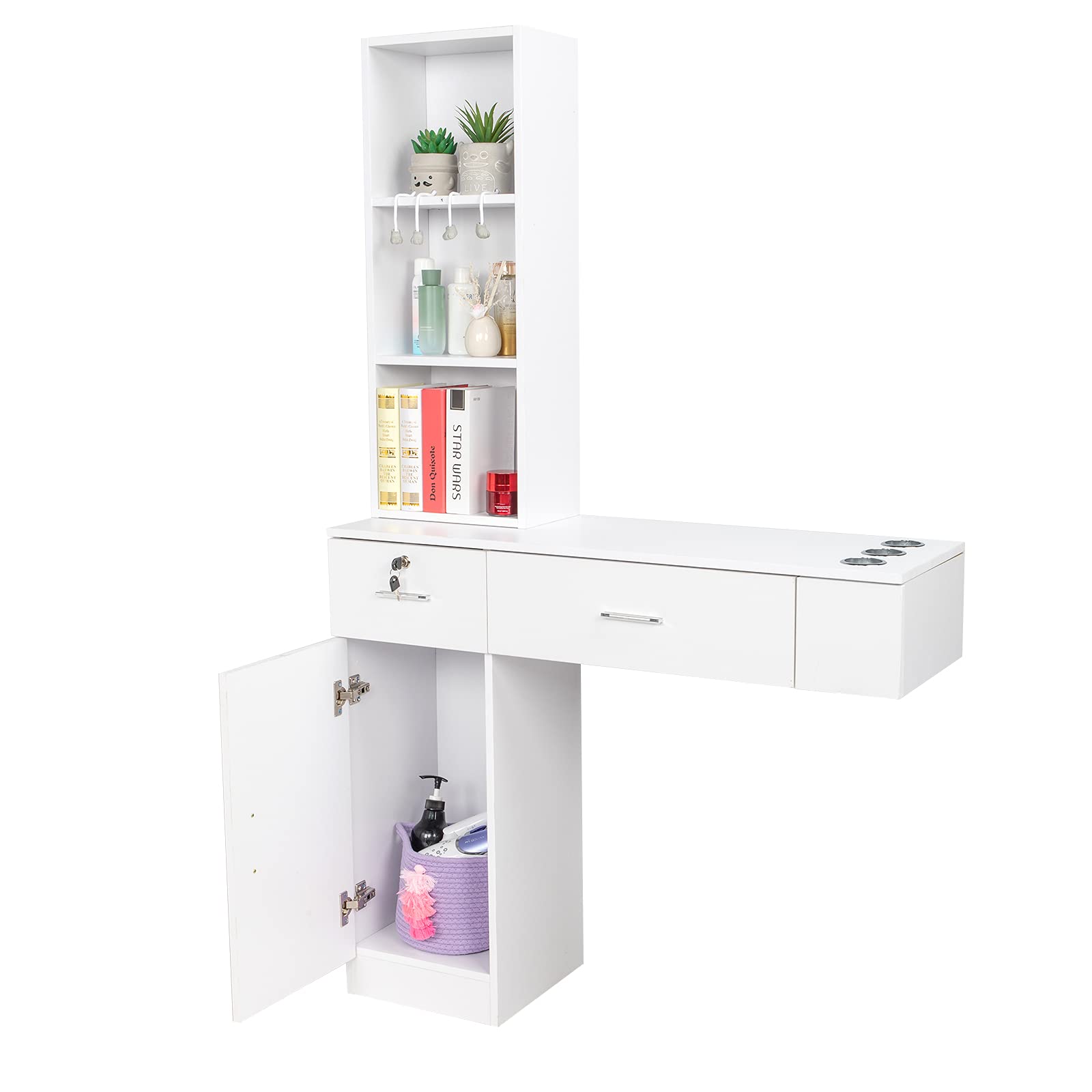 HOMVENT White Wall Mount Salon Station Table - 3 Shelves & 2 Drawers Hair Styling Cabinet with Mirror & Hair Dryer Holder - Perfect for Barber Shops, Beauty Salons & Home Spa Stations (White)