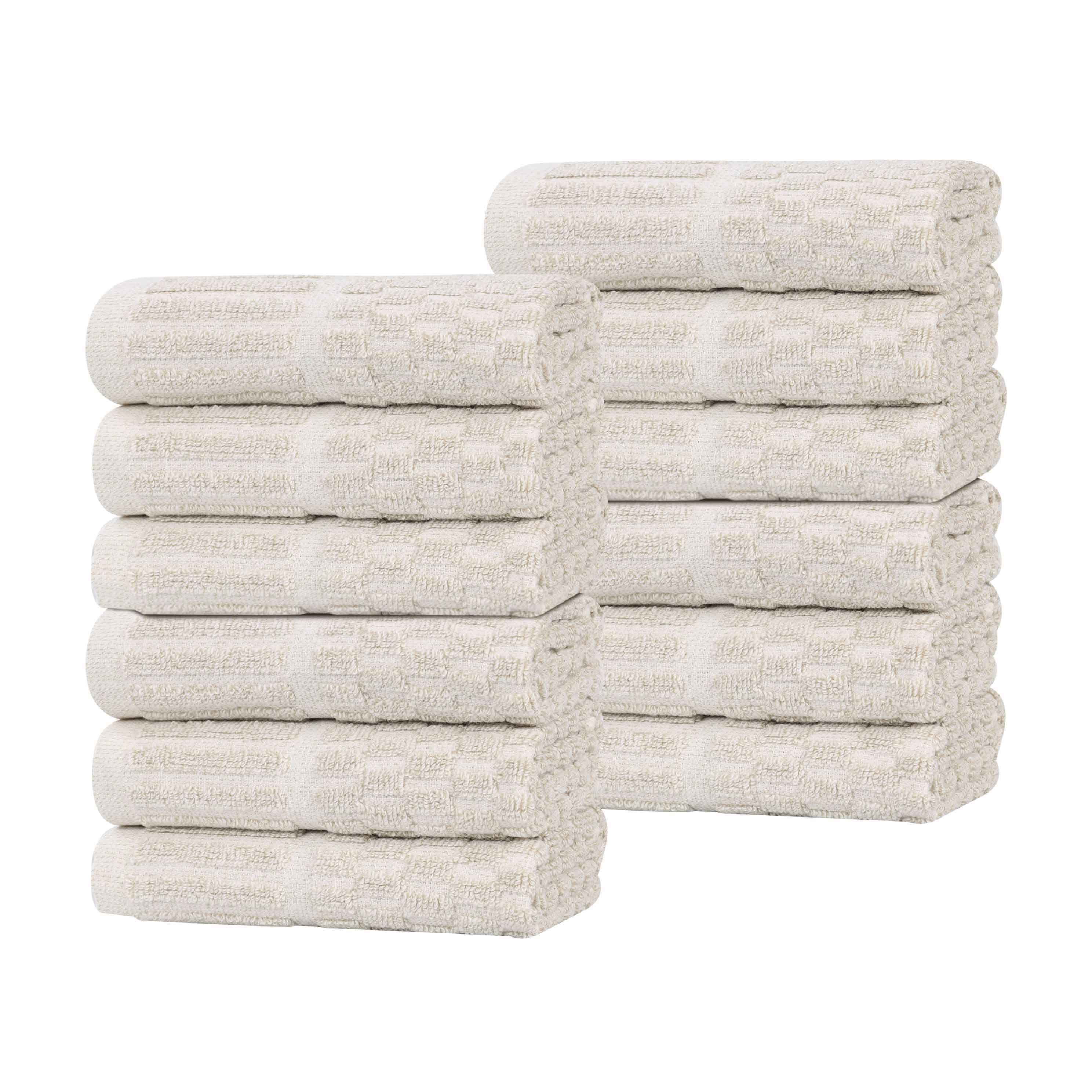 Premium 12-Pack Juno Cotton Blend Checkered Border Face Towels | Medium Weight, Soft & Absorbent | Perfect for Bathroom, Spa, Gym & Travel
