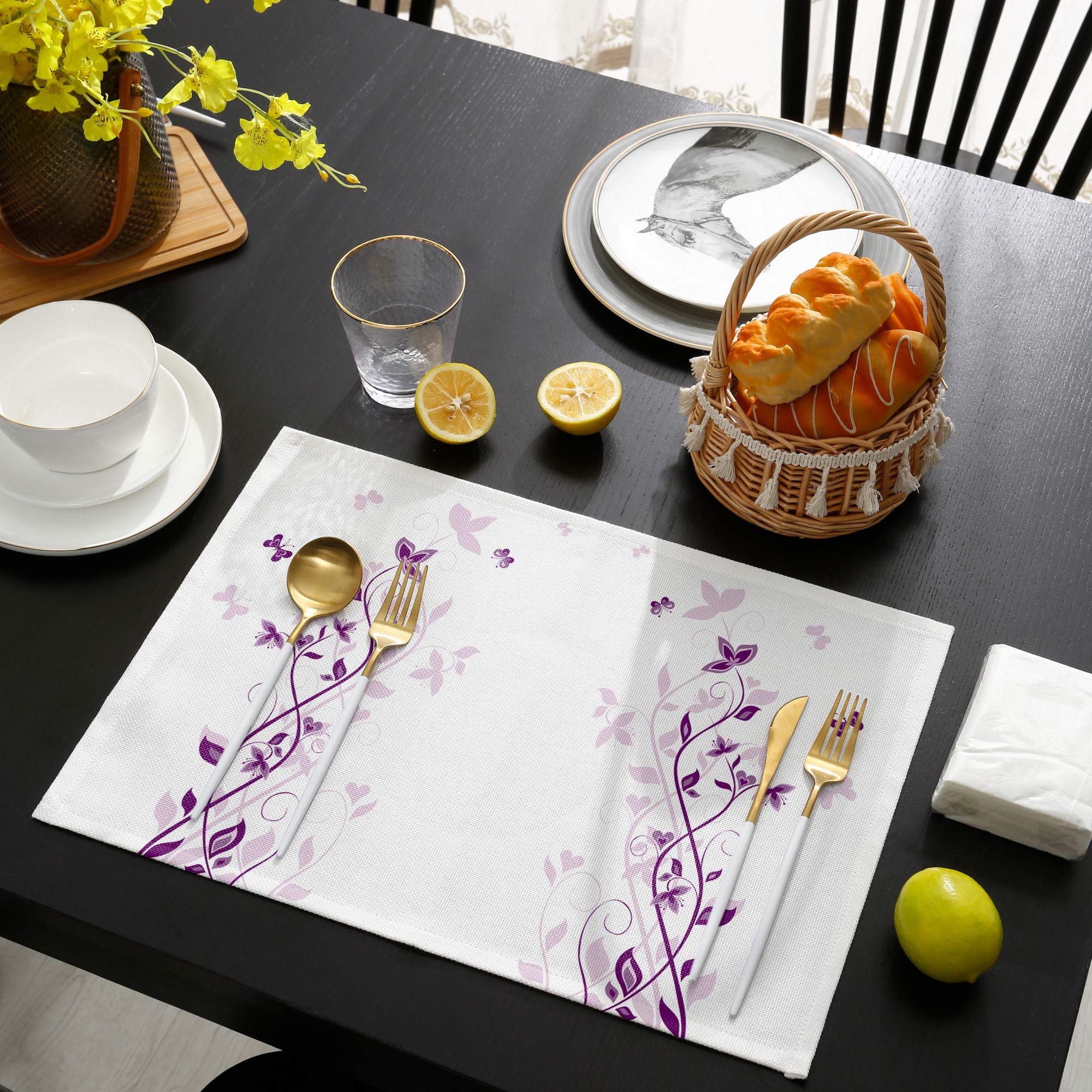 4-Pack Nature Violet Flower Butterfly Insect Cotton Linen Placemats - Heat Resistant, Non-Slip & Washable Table Mats for Dining Table, Kitchen Decor, Holiday Banquets & Everyday Use
