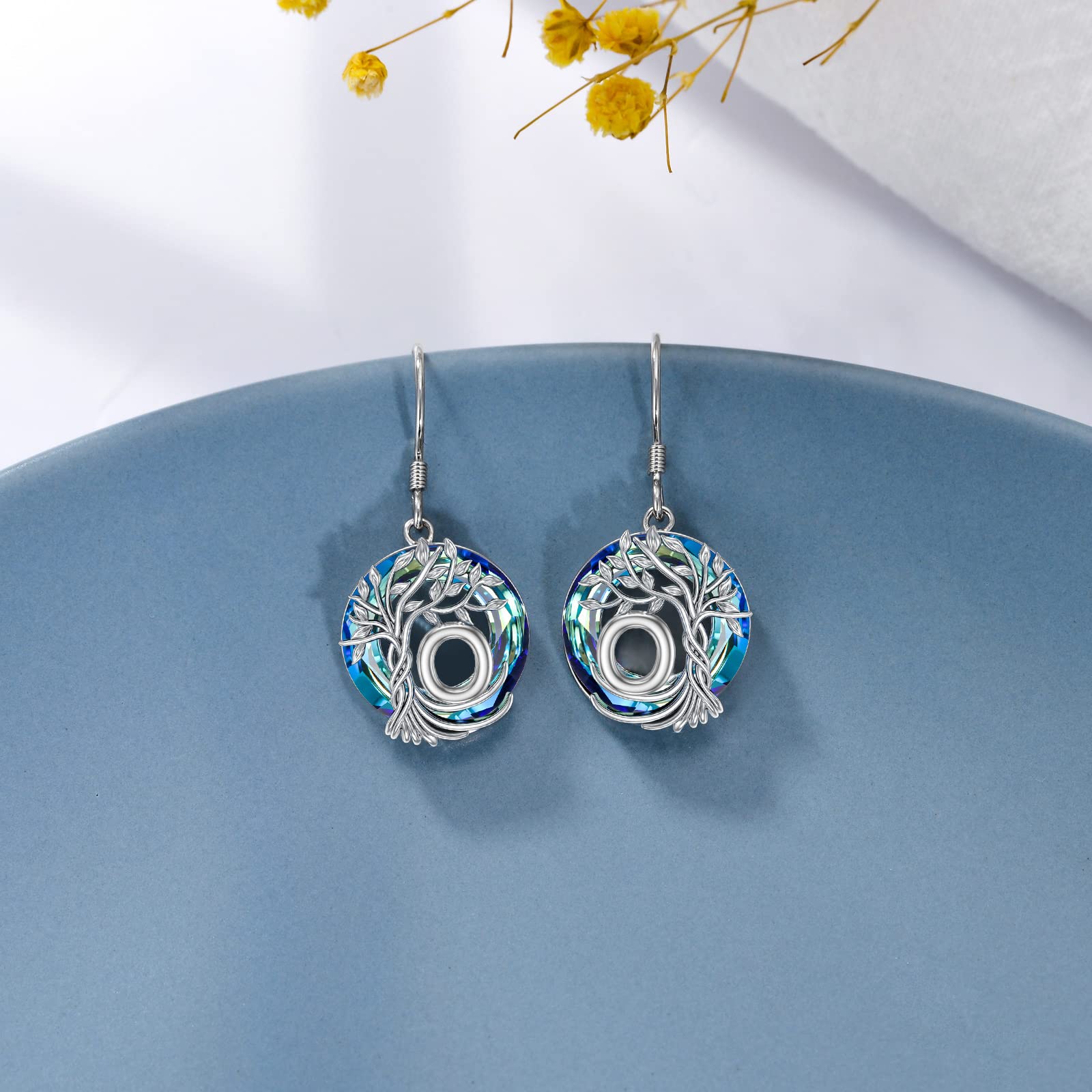 TOUPOP Tree of Life Initial Earrings 925 Sterling Silver A-Z Letter Drop Dangle Earrings with Blue Circle Crystal - Valentine's Day, Anniversary, Birthday Gifts for Women, Her, Girlfriend, Mom - Perfect for Romantic Occasions, Date Nights and Special Celebrations