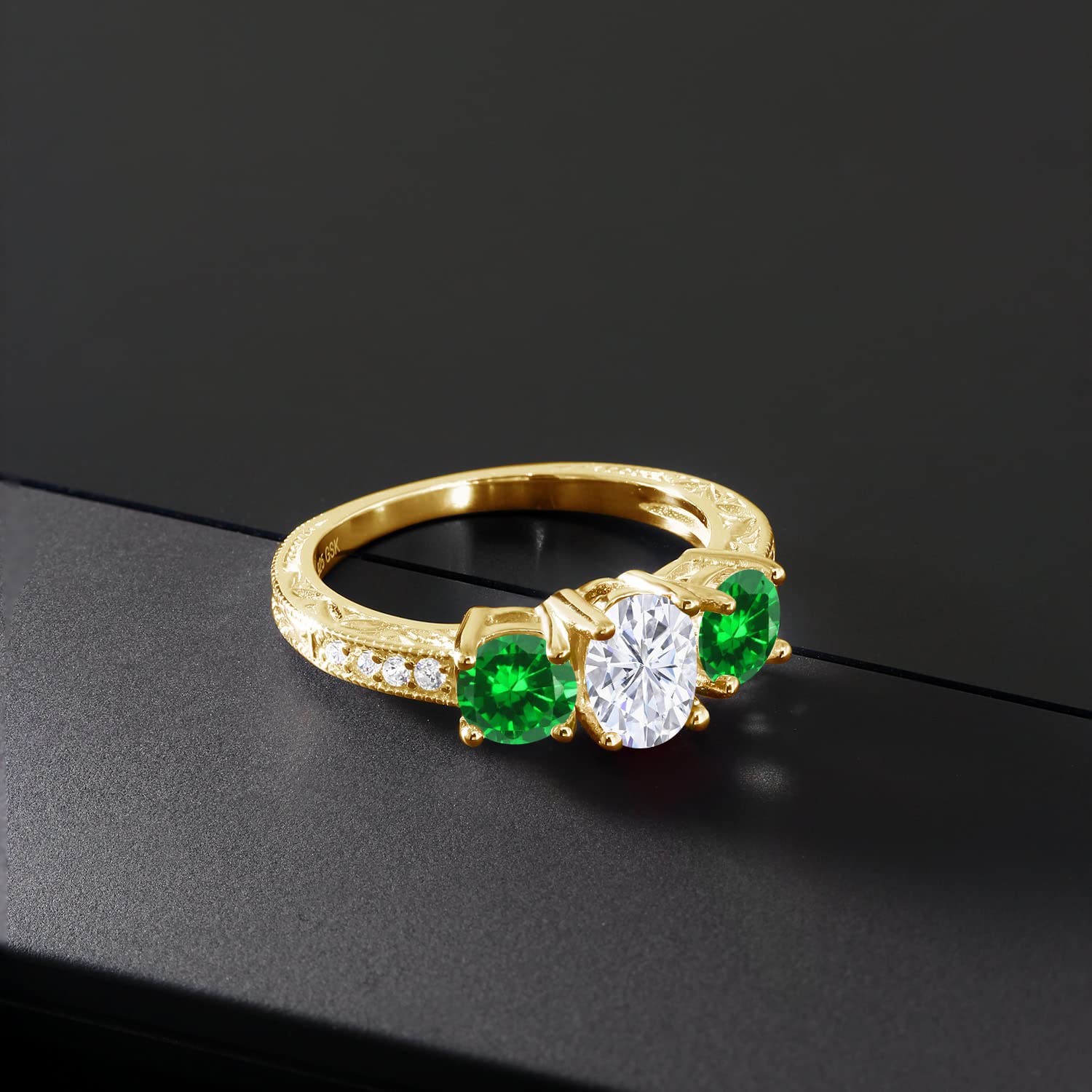 18K Yellow Gold Plated Silver Green Created Emerald & Moissanite Ring Set (2.70 Cttw) - Elegant Jewelry for Women, Perfect for Weddings, Anniversaries & Special Occasions