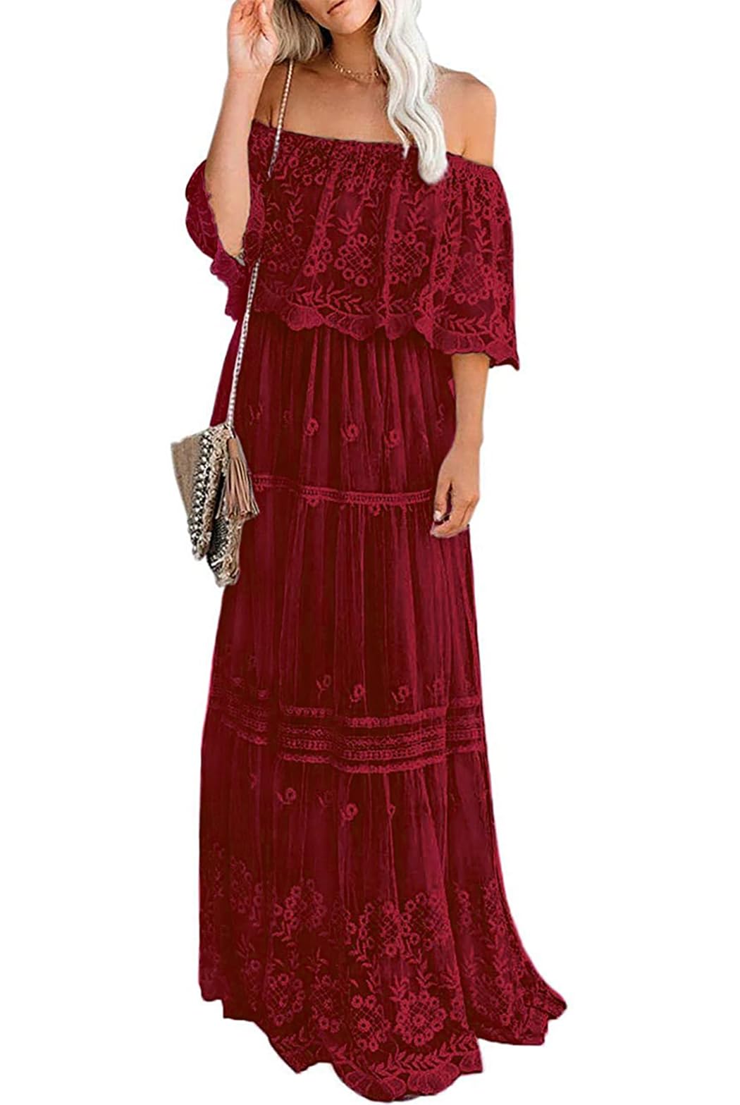 MERMAID'S CLOSET Women's Boho Off Shoulder Lace Maxi Dress - White Flowy Wedding Guest, Bridesmaid, Evening Party & Summer Beach Dress for Women