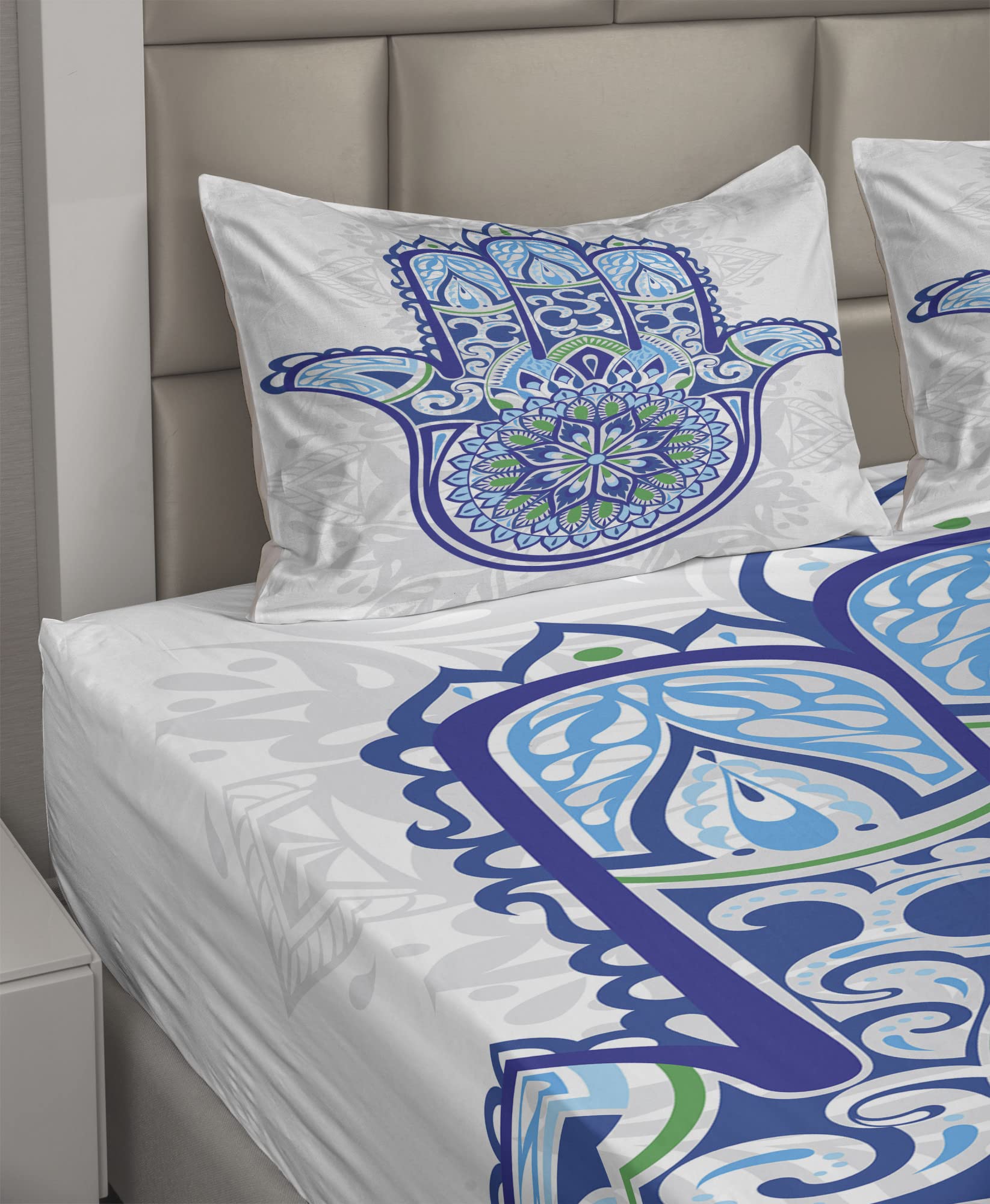 Ambesonne Hamsa King Size 4-Piece Sheet Set - Blue Turquoise White Folkloric Design with Ornamental Flower & Petal Patterns | Soft Bedding for Master Bedroom, Guest Room & Bohemian Home Decor